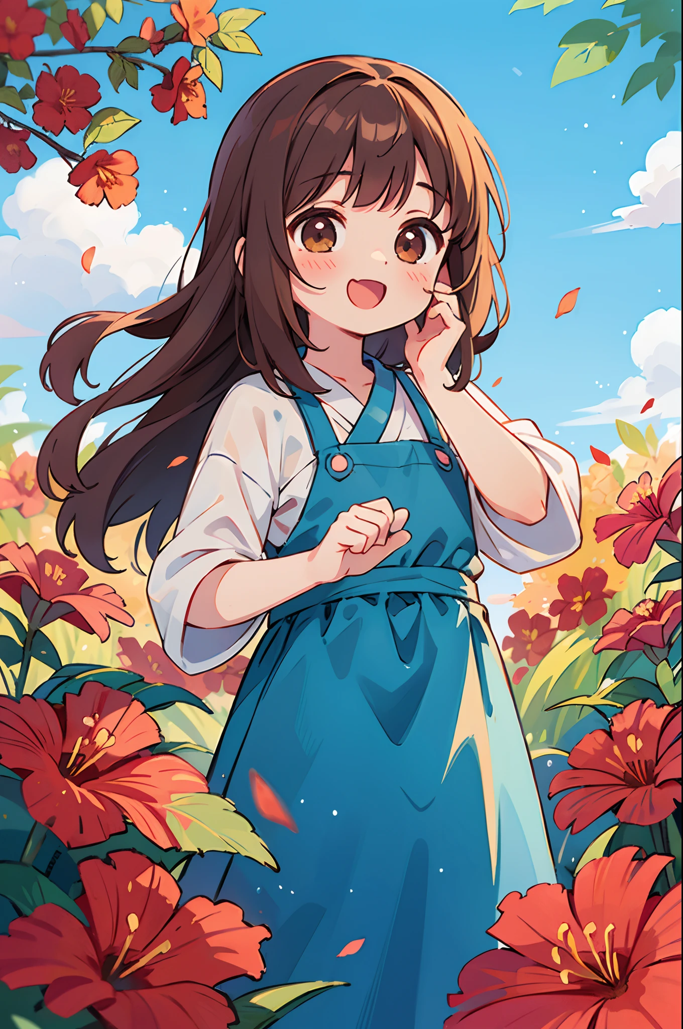 photoRealstic、Stand in front of the photo、laugh face、Water droplets on the cheeks、kawaii pose、Flowing Red Silk、bustup、Eye Up、Hibiscus petals、Blurring、brown haired、blue-sky、depth of fields、season!!: 夏☀ 🍂 ハイビスカス