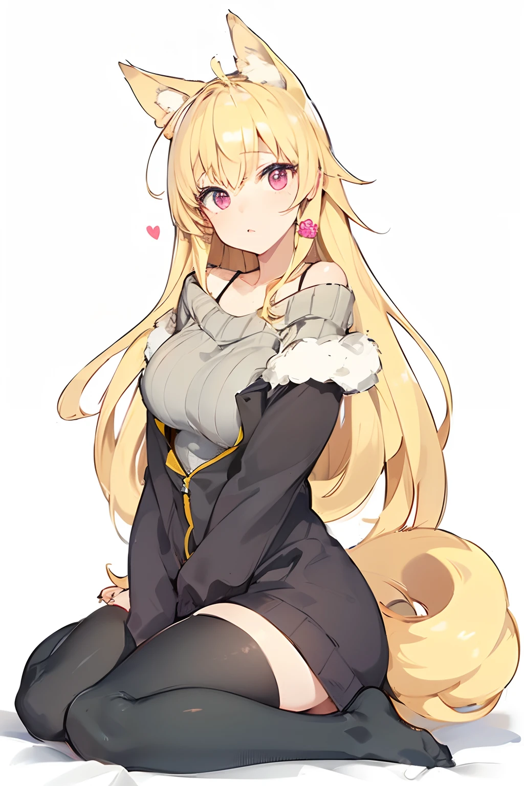 Masterpiece, high resolution, extremely detailed, realistic, sitting on room floor, sweater, big boobs, cute face, cute eyes, big eyes, very long blonde hair, pink eyes