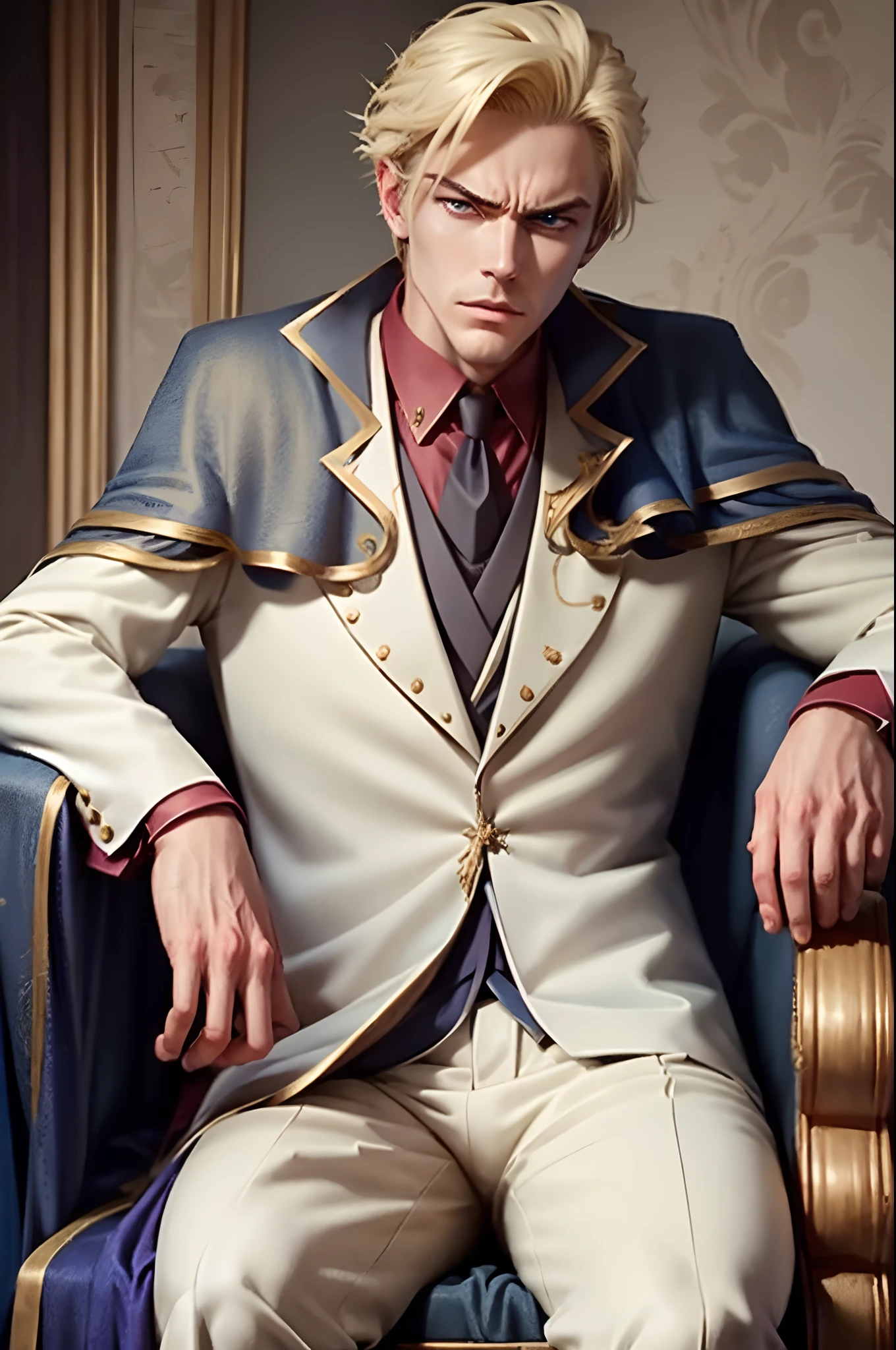 handsome man, wizard, white suit, blue cape trimmed with gold, blue eyes, blonde hair, golden ring, intimidating facial expression and pose, sitting on a chair, mansion study background, character portrait, anime victorian style