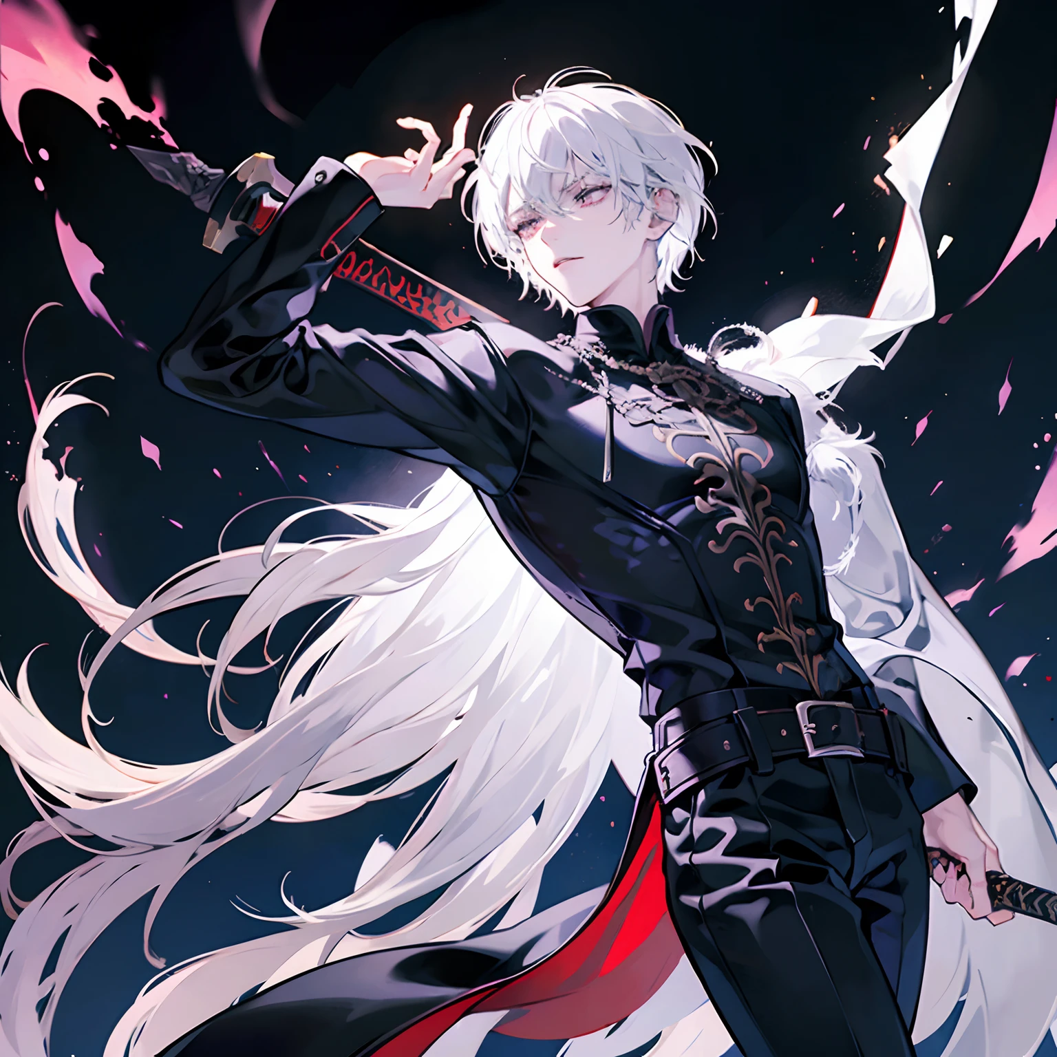 white hair, demonic, demon lord, boy, 8k resolution, explosion demonic blackground, scary background, black t shirt, white pants, dark aura, sword