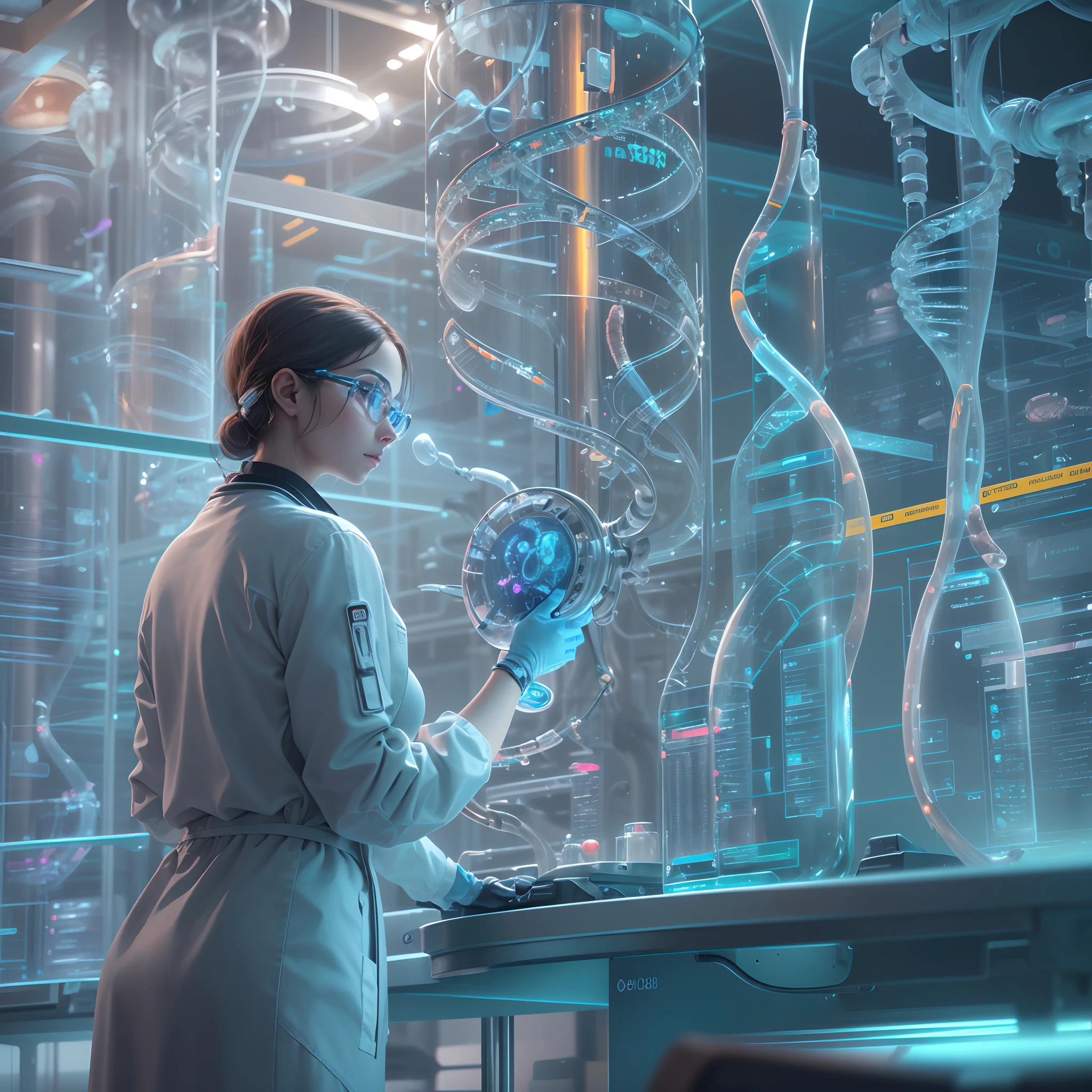 (a beautiful woman, a lab, biotechnology research, genome sequencing, advanced technology:1.1), (futuristic, sci-fi:1.2), (computer-generated, digital rendering), (bright, sterile environment), (liquid-filled containers, high-tech equipment), (microscopes, DNA sequencing machines), (intense laboratory lighting), (scientific precision), (intricate gene structures), (vibrant, futuristic colors), (detailed facial features), (contemporary lab attire), (laboratory assistants), (state-of-the-art research facility), (advanced genetic engineering techniques), (cutting-edge technology), (high-resolution, 3D visuals), (life sciences innovation), (meticulous attention to detail), (subtle scientific symbolism), (dynamic perspective), (sleek, modern architecture), (bioengineering breakthroughs), (pioneering scientific discoveries), (genetic manipulation), (intriguing scientific experiments), (precision in every action), (biosafety protocols), (innovation in biomedicine), (scientific collaboration), (unveiling the mysteries of DNA), (revolutionary advancements in genetics), (the intersection of beauty and science), (fusion of art and technology),