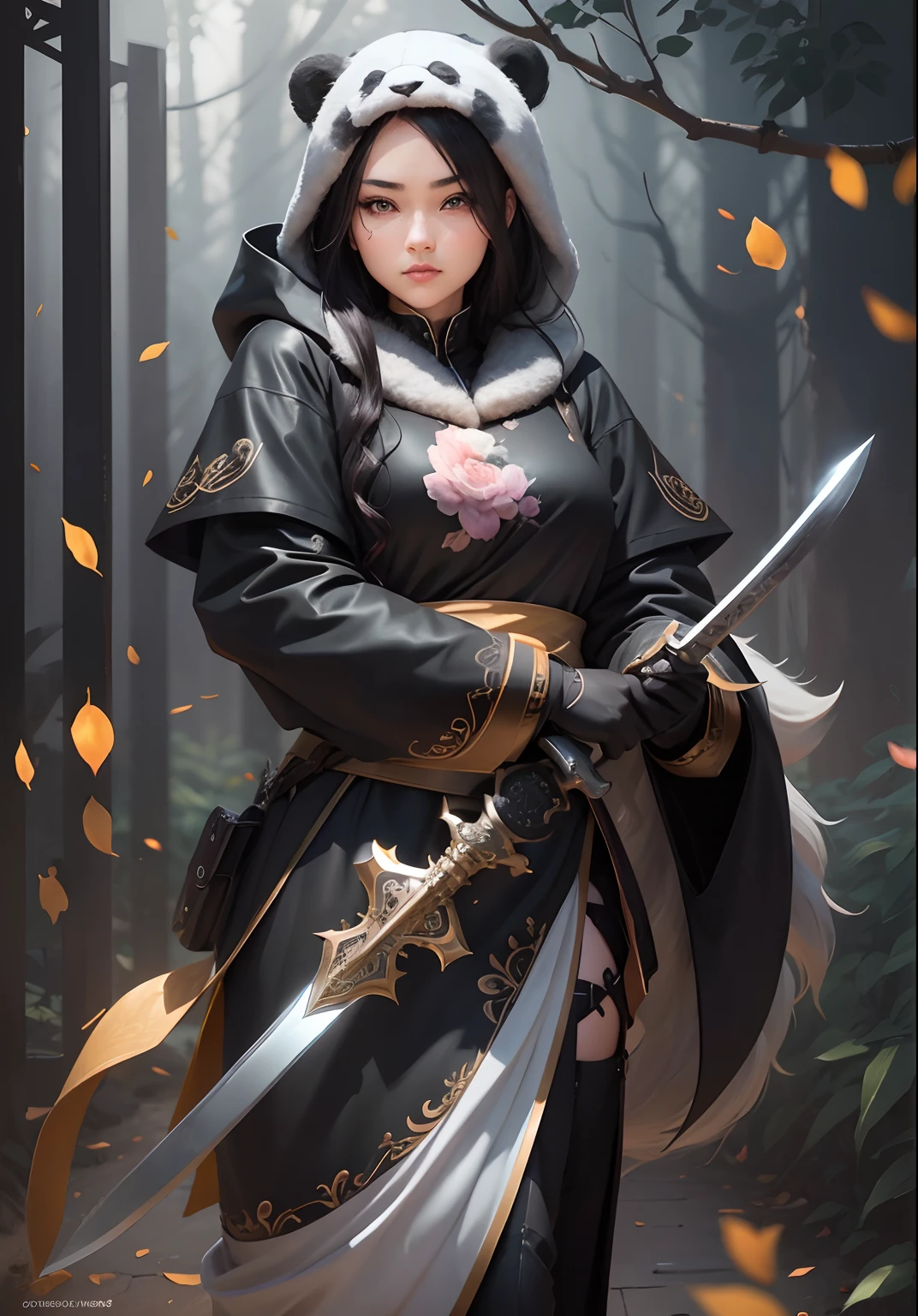 dark brown eyes both iris and pupils round and symmetrical, Asian female panda knight, Full body, both eyes round and symmetrical, perfect eyes, both eyes iris an pupil identical size, sword pommel and guard on both sides of hands, sketch book, hand drawn, dark, gritty, realistic sketch, rough sketch, mix of bold dark lines and loose lines, bold lines, on paper, turnaround character sheet, arcane symbols, runes, flowing black hair beautiful, handsome, padded leather clothing embroidered with pink roses, modest, leather rune embroidered boots