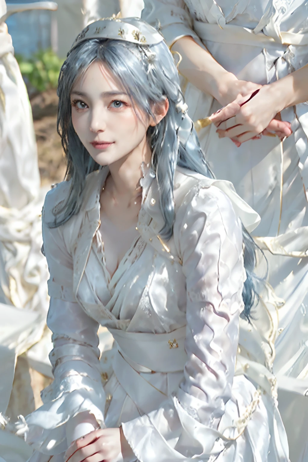 ((top-quality、8K、masterpiece、Photorealistic:1.4、fine-textured、Beautiful and detailed)), (gold foil, Intricately drawn paisley pattern, Delicate workmanship, (White fabric:1.4), maid dress:1.5), (Long hair, Beautiful hairstyle, lightbluehair:1.5)、Clear, Fine-grained skin、Beautiful clear eyes、(cleavage of the breast)、Carefree and natural smile、(Hair disheveled in the wind:1.3)、Beautiful girl with a smile、In the garden:1.4、Bright sunlight(thin-waist:1.3)、(Dynamic and provocative poses:1.2)、(Backshots)