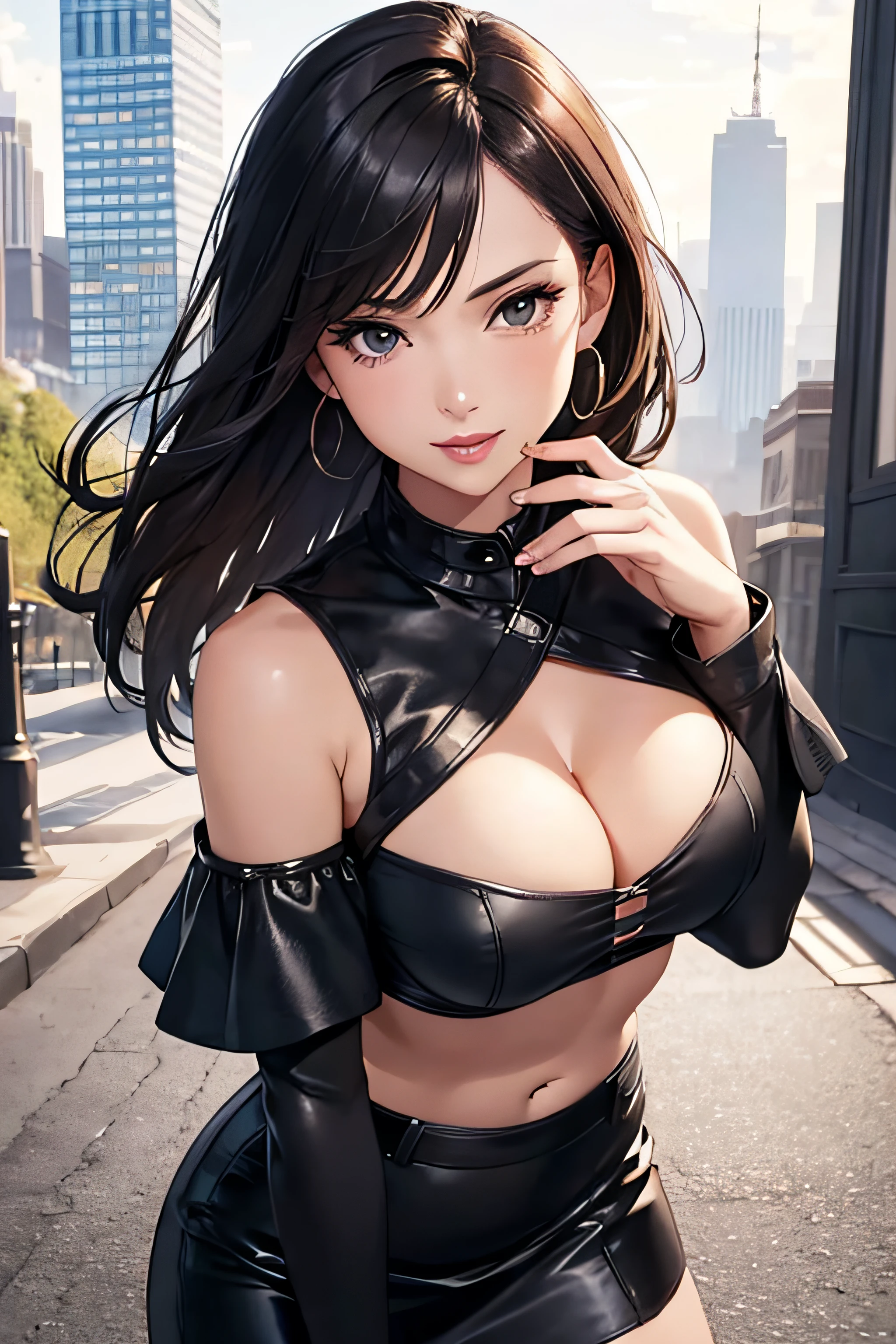 girl with off-the-shoulder blouse, black leather skirt, medium breasts, cleavage, cityscape, flirtatious look, ((very detailed)), (perfectly detailed face), (well detailed hand) photorealistic image.