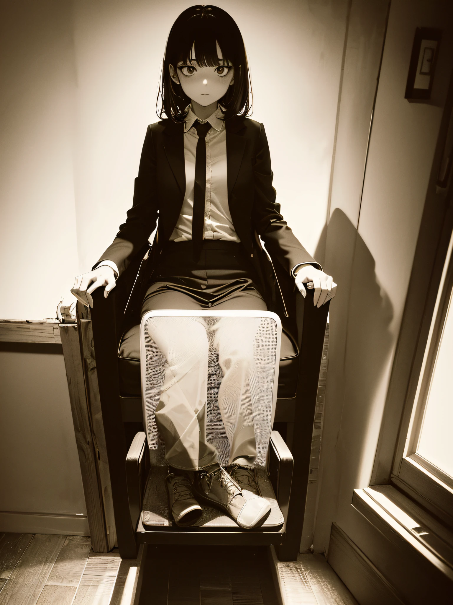 Girl with dilated pupils, suffocating face, demonic possession, torn clothes, sitting in an armchair in a dark corner, silhouette of a demon in the dark where only the glowing eyes appear, BREAK (ultra-realistic), {unity wallpaper Extremely detailed 8k CG}, expansive landscape photography, (a low view that prioritizes character and setting, (wide open field view), (low angle shot), (high light: 0.5), (low light: 0.5 ), (warm light source: 1.0), complex details, (iridescent colors: 1.5), (bright lighting), (atmospheric lighting), surreal, terror, horror