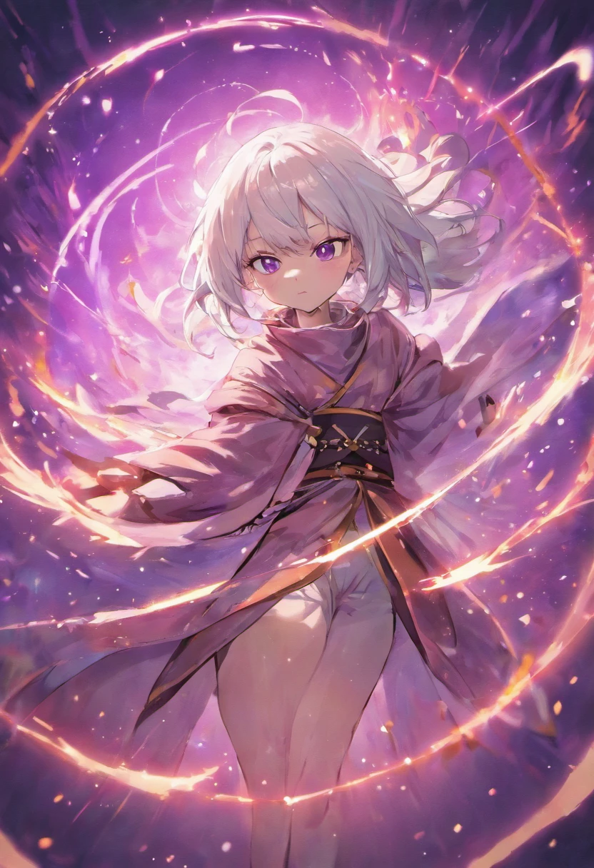 upper body, 1woman, white hair, Long Haired, purple eyes, (ninja), short sword, big breats ,scarf, wallpaper, magic circle background, light particles, black fire, hands behind the back, (masterpiece), best quality