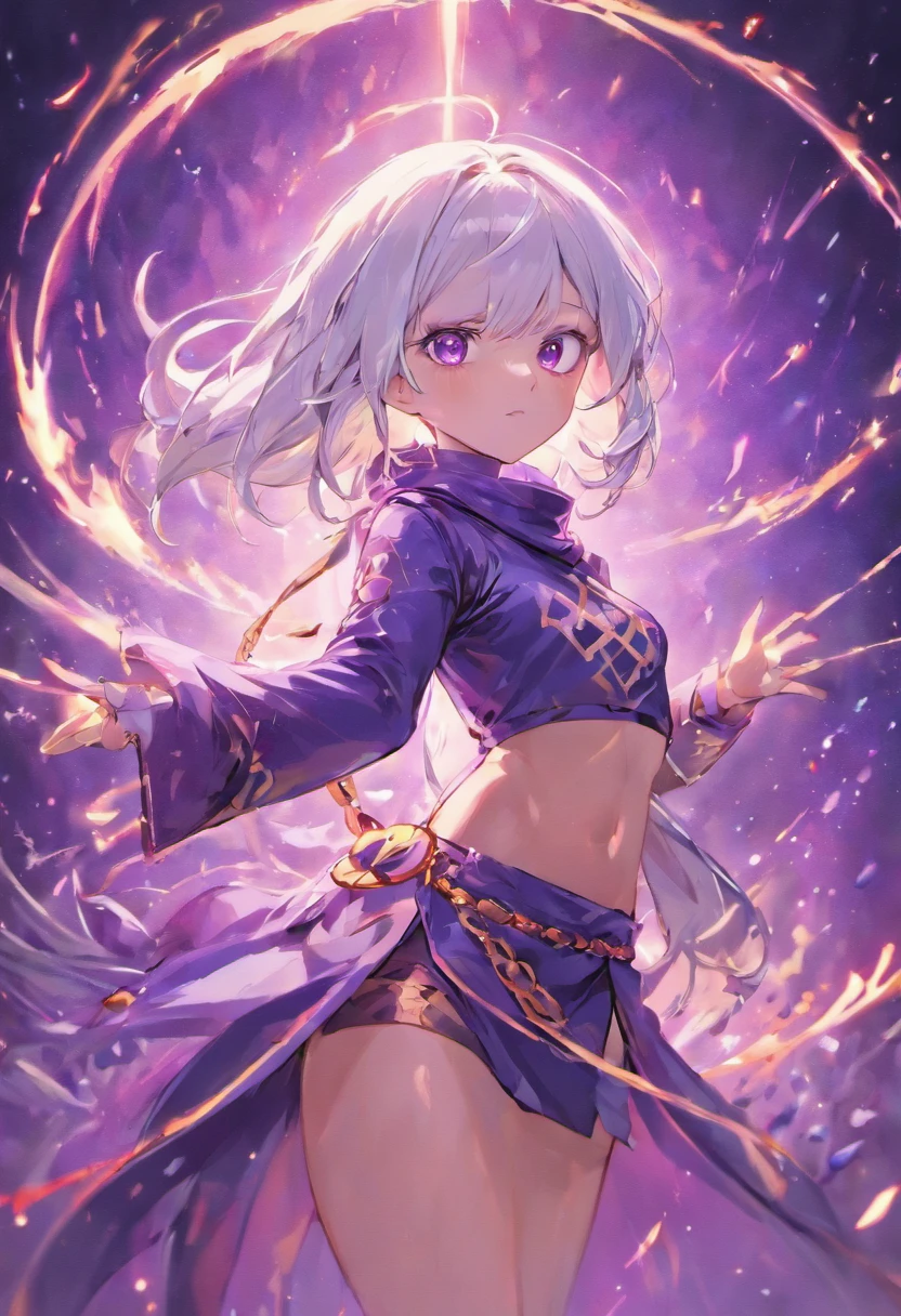 upper body, 1woman, white hair, Long Haired, purple eyes, (ninja), short sword, big breats ,scarf, wallpaper, magic circle background, light particles, black fire, hands behind the back, (masterpiece), best quality