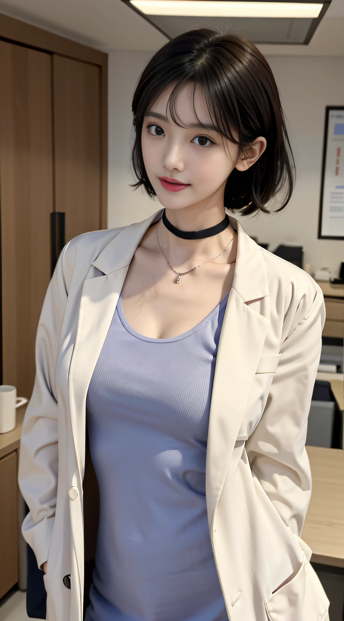 masterpiece, hot shot, ((best quality)), absurdres, perfect antomy, Tae Takemi, (Small smile), necklace, choker, dress, (Big breasts:1.3), braless, defined abdomen, labcoat, standing, doctor office background, sexy pose