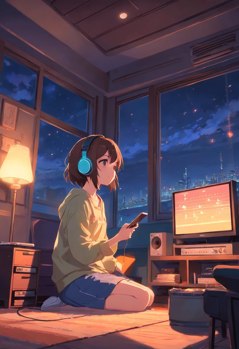 Girl listening to music in a cozy room at night, Usando fones de ouvido, Anime estilo 2D, Lo-fi, hd, Ambiente escuro