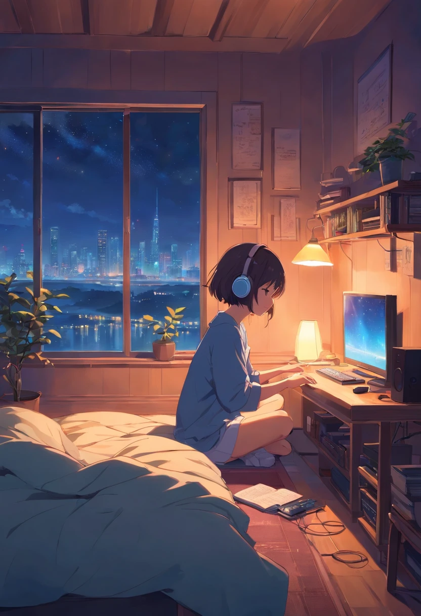 Girl listening to music in a cozy room at night, Usando fones de ouvido, Anime estilo 2D, Lo-fi, hd