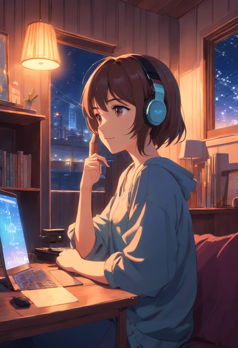 Girl listening to music in a cozy room at night, Usando fones de ouvido, Anime estilo 2D, Lo-fi, hd