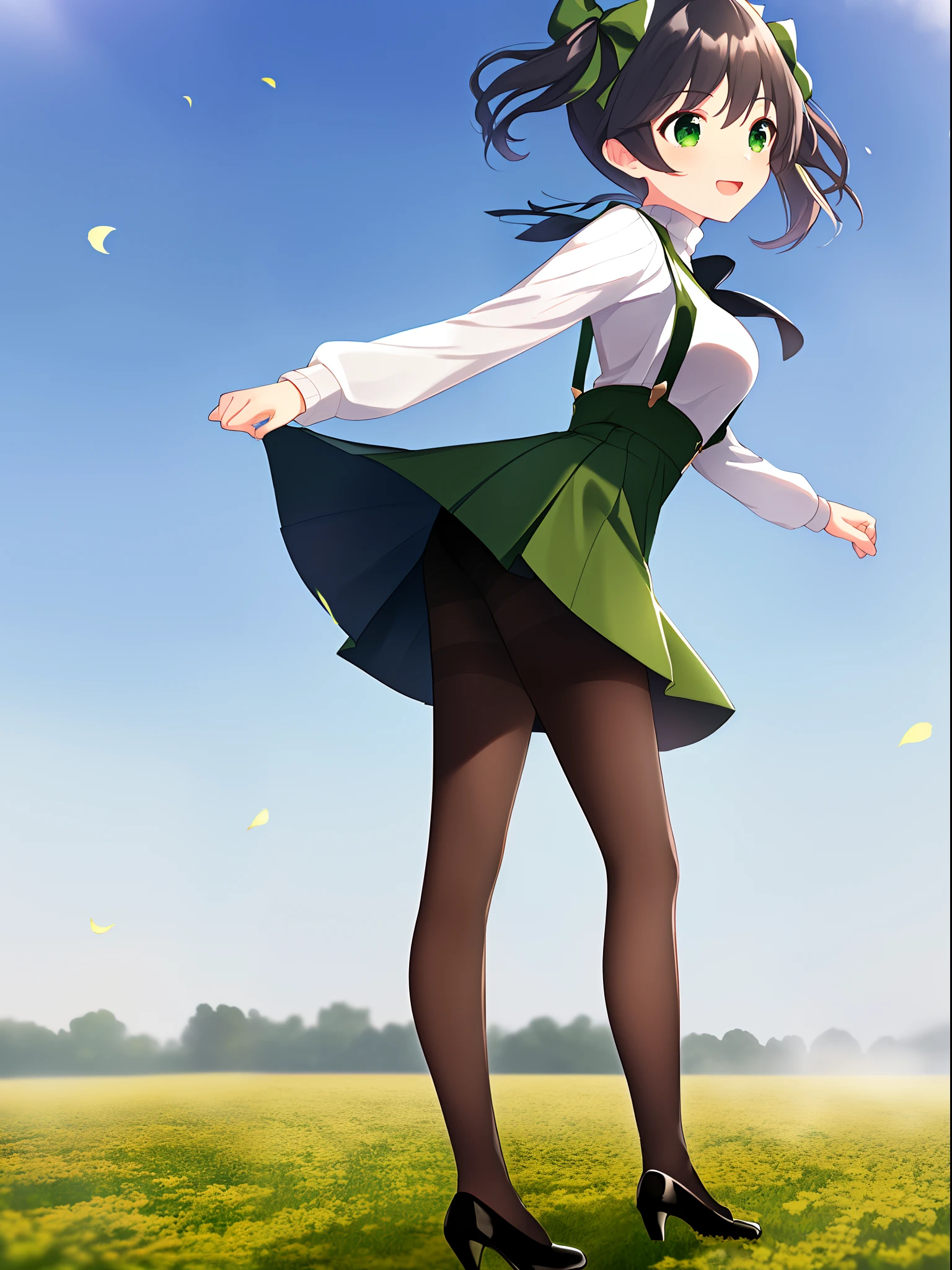 1 girl, solo, masterpiece, highres, ultra details, CG quality, cute li, full body, (from side:1.2), black hair, green eyes, high quality eyes, high quality hands, (twin pigtails:1.3), (hair bows:1.3), (short hair:1.6), (green skirt:1.5), (short skirt:1.5), (wide suspender:1.8), suspenders crossing in the back, (white_turtleneck_sweater:1.3), medium breast, long sleeves, (black woolen pantyhose:1.4), (black princess shoes:1.3), bows on shoes, standing, delighted, arching back, (looking down:1.3), (looking side:1.2), spreading arms, tiptoe, legs apart, foggy flower field, floating pollens, high quality background, depth of field