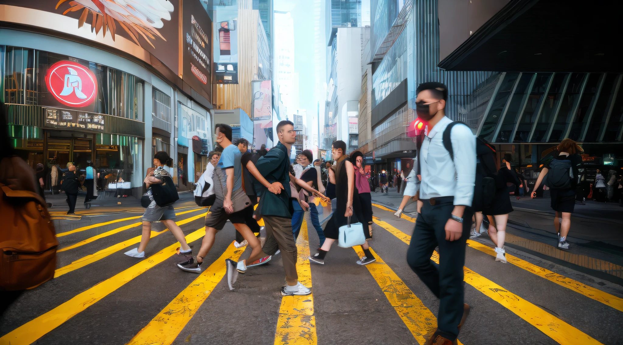 people walking across a crosswalk in a busy city street, busy streets filled with people, streets of hong kong, busy streets, people walking down a street, street of hong kong, people walking in street, people walking on street, busy street, travelers walking the streets, people walking around, crowded street, crowded streets, people on the streets, people in the streets, cyberpunk city