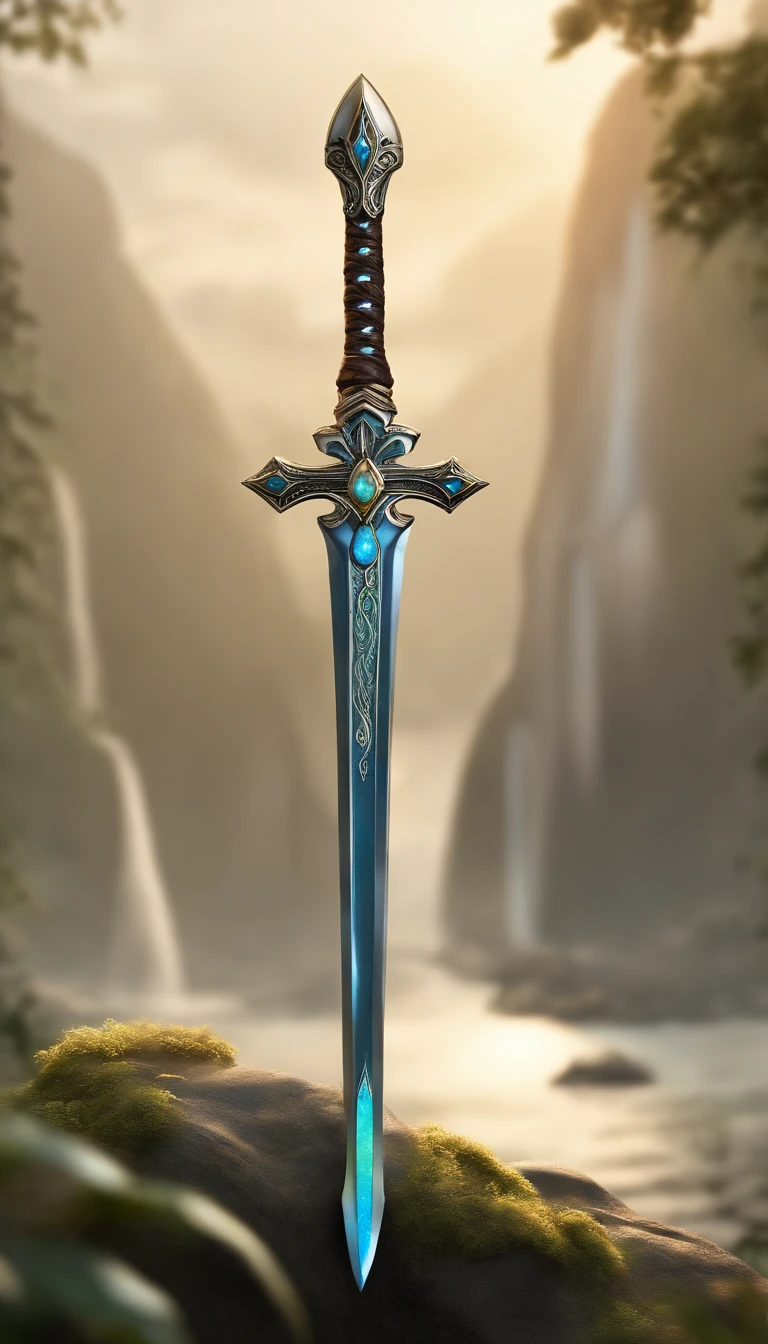 Excalibur, Delicate mango, The sword body is exquisite,well decorated,(((The sword body is designed with a blue opal and light green particle effect shape pattern..:1.3))), Should, (The sword body is symmetrically decorated:1.3), (The entire Excalibur blade is centered:1.3), Close-up at medium range,(General silhouette:1.3),(Fantastic landscape painting:1.2), Ultra Realistic Photo, super-fine, 8K, Premium wallpapers, the highest picture quality, ..。.。.。.3D,C4D, tmasterpiece, rendering by octane
