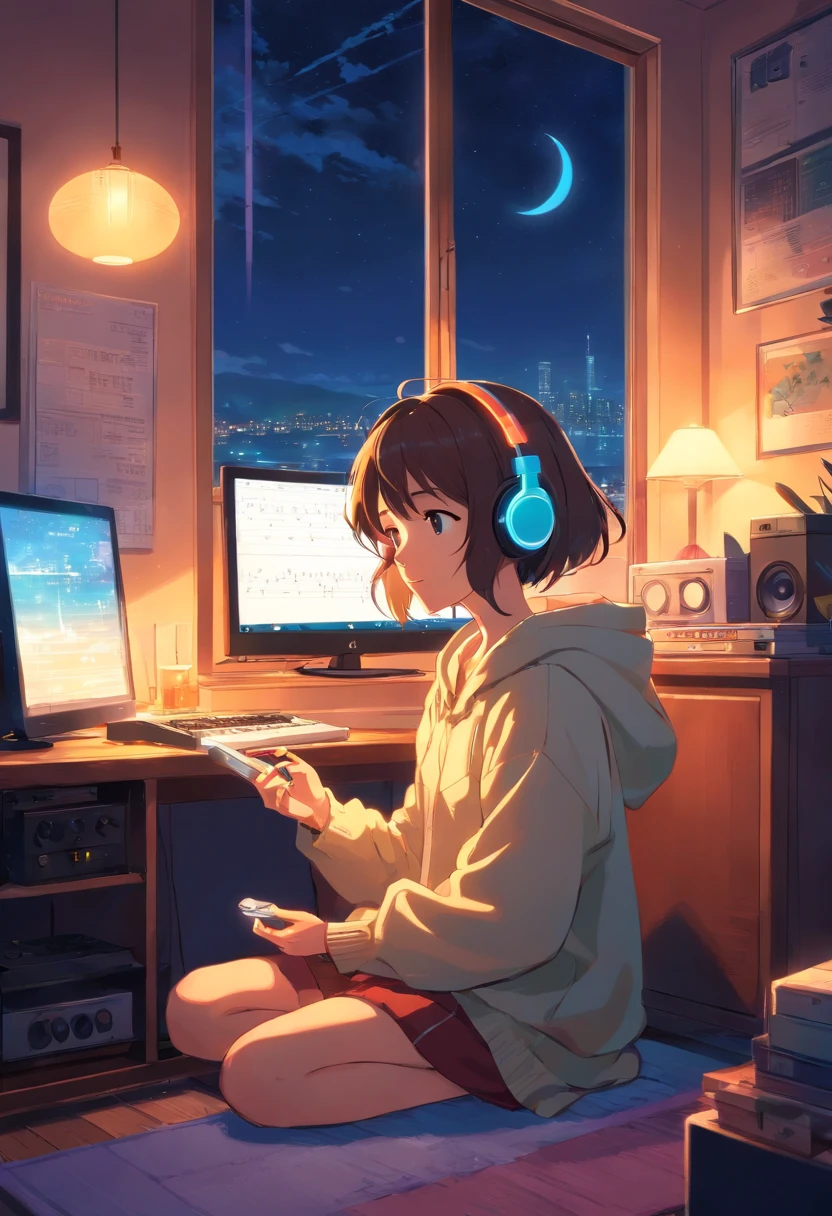 Girl listening to music in a cozy room at night, Usando fones de ouvido, Anime estilo 2D, Lo-fi, hd, Ambiente escuro