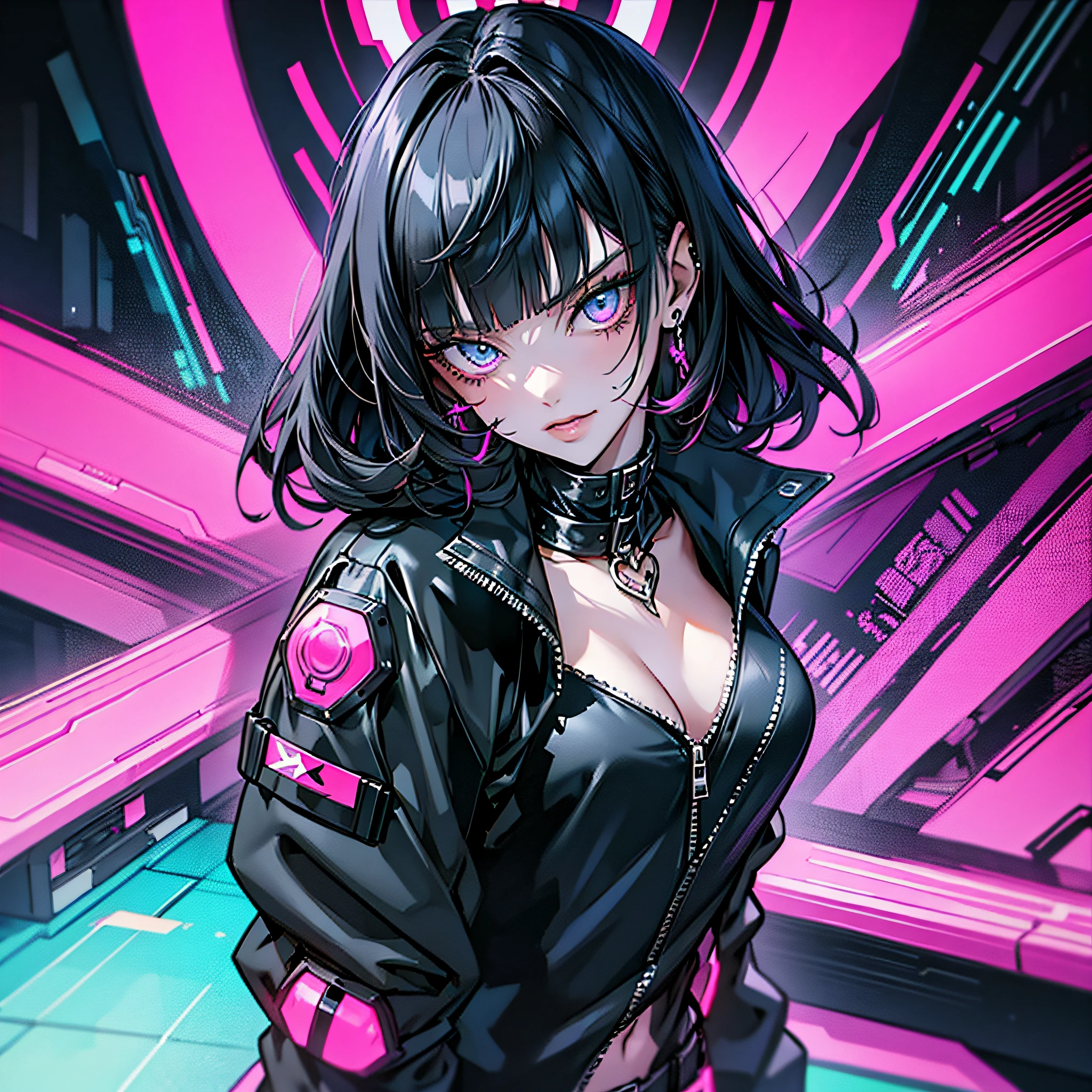 e girl, bloody cut smile, long hair,cool black open short jacket, tatoos, messy fade cut hair, crazy,futuristic neon night street background,poser, fuchsia, indigo, green,portrait, hacker, ahegao face
