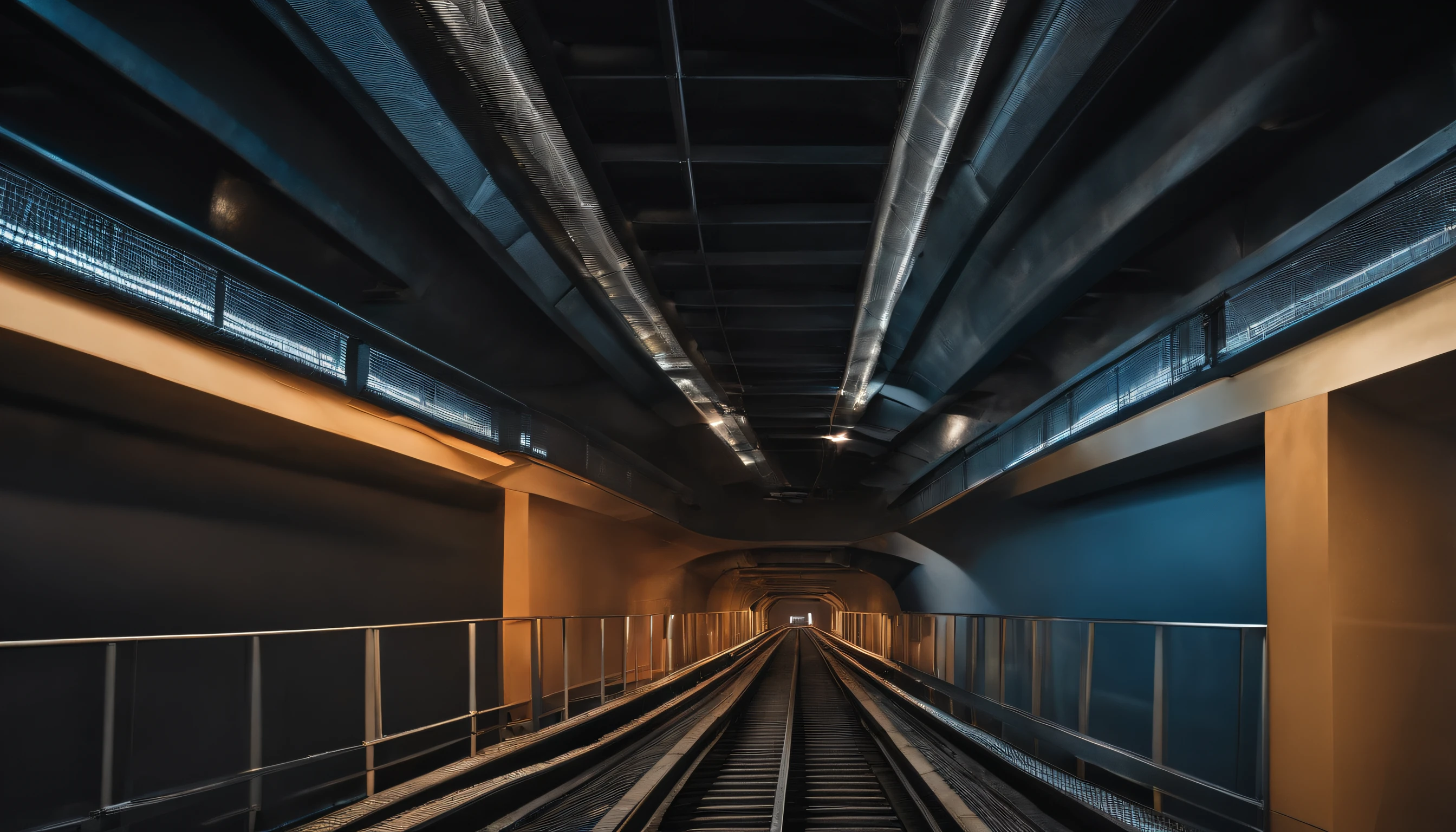 There is a long conveyor belt,Coal is transported on conveyor belts,the photo shows a large,Armor Plate,bridges and railings,There is a ceiling