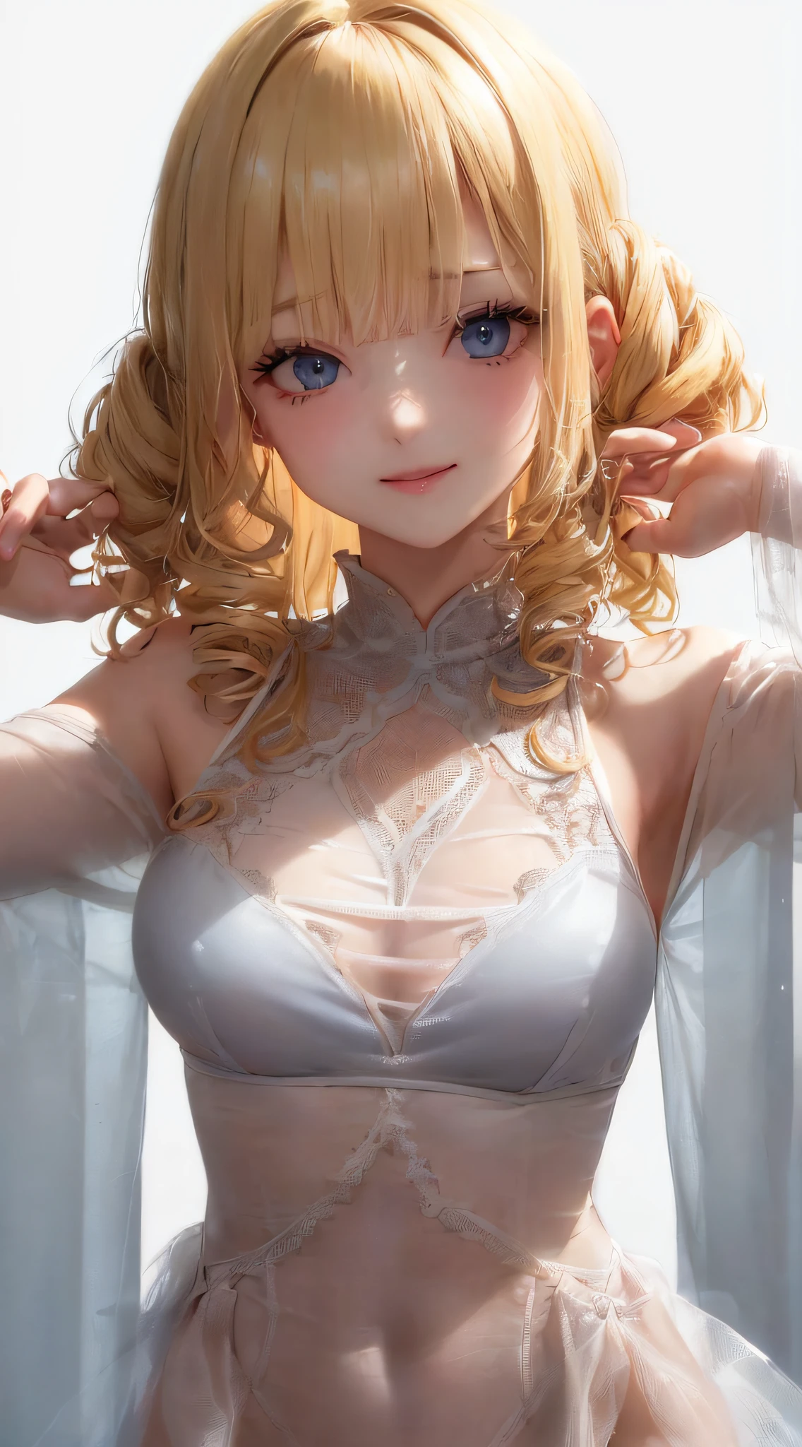 (((a blond、Cowboy Shot、Upper body、 upper body closeup、Portrait、looking in camera)))、[monochromes:Subdued Color:2.6] theme, (masutepiece), (Best Quality), , Light Layer, Lustrous skin, (intricate-detail , taut clothes, ),  Kim Hair, hime-cut, Blunt bangs、Blue eyes、 30s、(maturefemale)、((Leotard、Ren Hao、see -through、Curly hair、Beautiful breasts、smil))、symmetry、Thick lip、Lustrous lips、Tall lady、Standing Pose、white backgrounid、simple background、Single-color background、femele１a person、