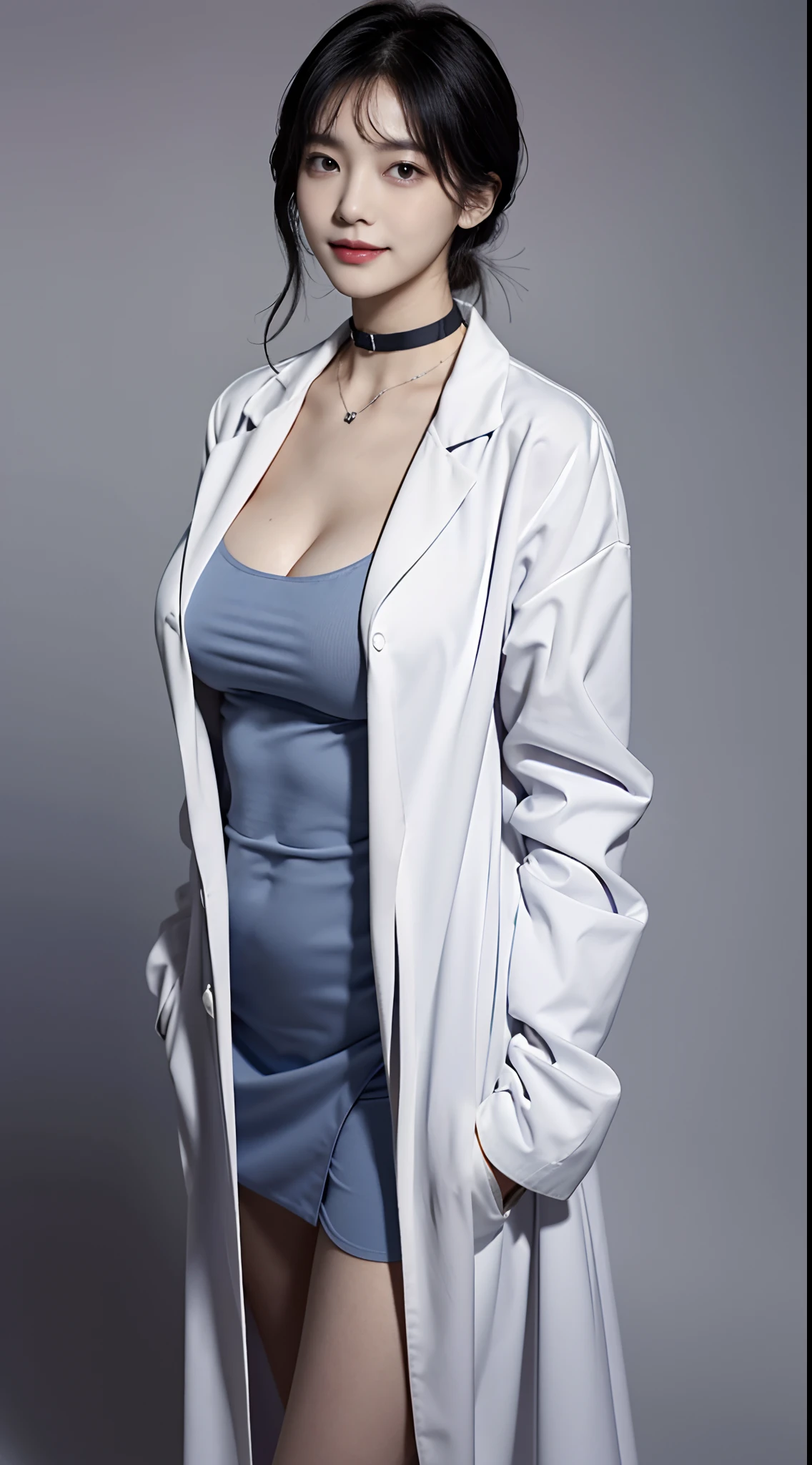 masterpiece, hot shot, ((best quality)), absurdres, perfect antomy, Tae Takemi, (Small smile), necklace, choker, dress, (Big breasts:1.3), braless, defined abdomen, labcoat, standing, doctor office background, sexy pose