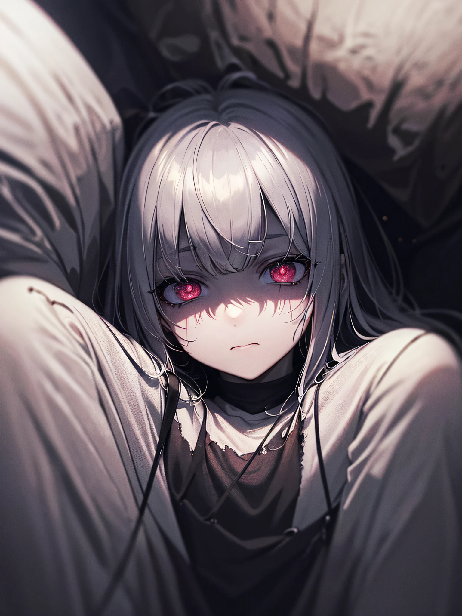 Girl with dilated pupils, suffocating face, demonic possession, torn clothes, sitting in an armchair in a dark corner, silhouette of a demon in the dark where only the glowing eyes appear, BREAK (ultra-realistic), {unity wallpaper Extremely detailed 8k CG}, expansive landscape photography, (a low view that prioritizes character and setting, (wide open field view), (low angle shot), (high light: 0.5), (low light: 0.5 ), (warm light source: 1.0), complex details, (iridescent colors: 1.5), (bright lighting), (atmospheric lighting), surreal, terror, horror