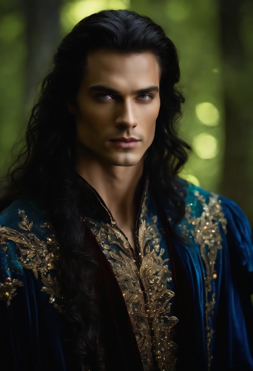 ((One Man)), (((Fantasy portrait of handsome man in misogynistic costume))), ((Long sleaves)), With mystical colored eyes, pale skin, Black Long Hair, Magical, Beautiful, Enchanting, Photorealism, mid-shot, ((Deep forest)), Fantasy Art, (((Many sparkling particles))),Ethereal fantasy art,