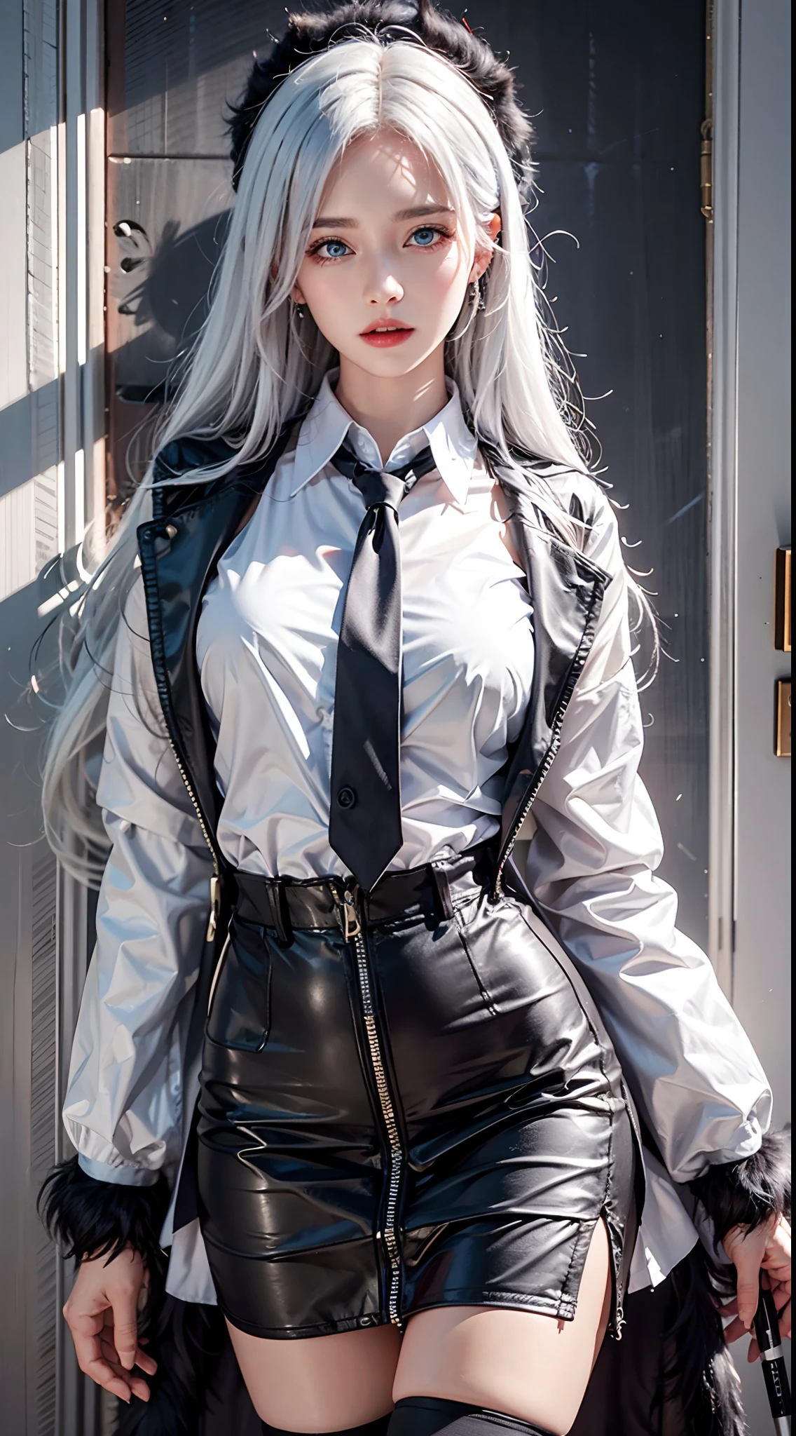 photorealistic, high resolution, soft lights, 1women, solo, hips up, blue eyes, white hair, long hair, close lips, collared shirt, black necktie,black skirt, pencil skirt, fur coat, stockings