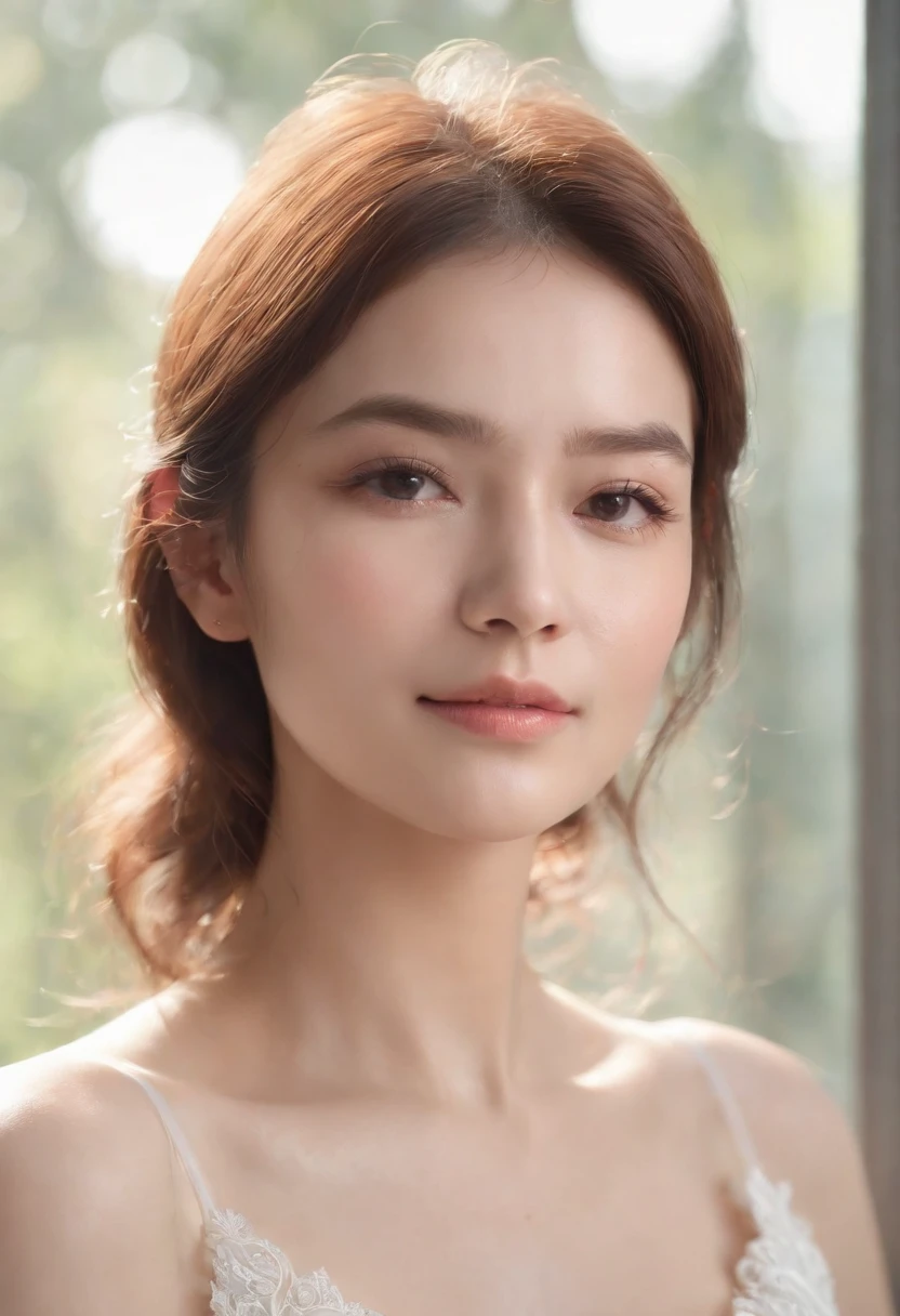 {best quality}, {{masterpiece}}, {an extremely delicate and beautiful},Outstanding light and shadow, extremely detailed wallpaper,Clear and bright sunlight,head portrait,1girl,big breast,Blush,short wave hair,Strong sunlight,,blue shirt,suit,Delicate hair,Real skin texture, sagging chest,clear pores and skin wrinkles,Wide shoulders,window,((strong light shines on the face)), upper body,