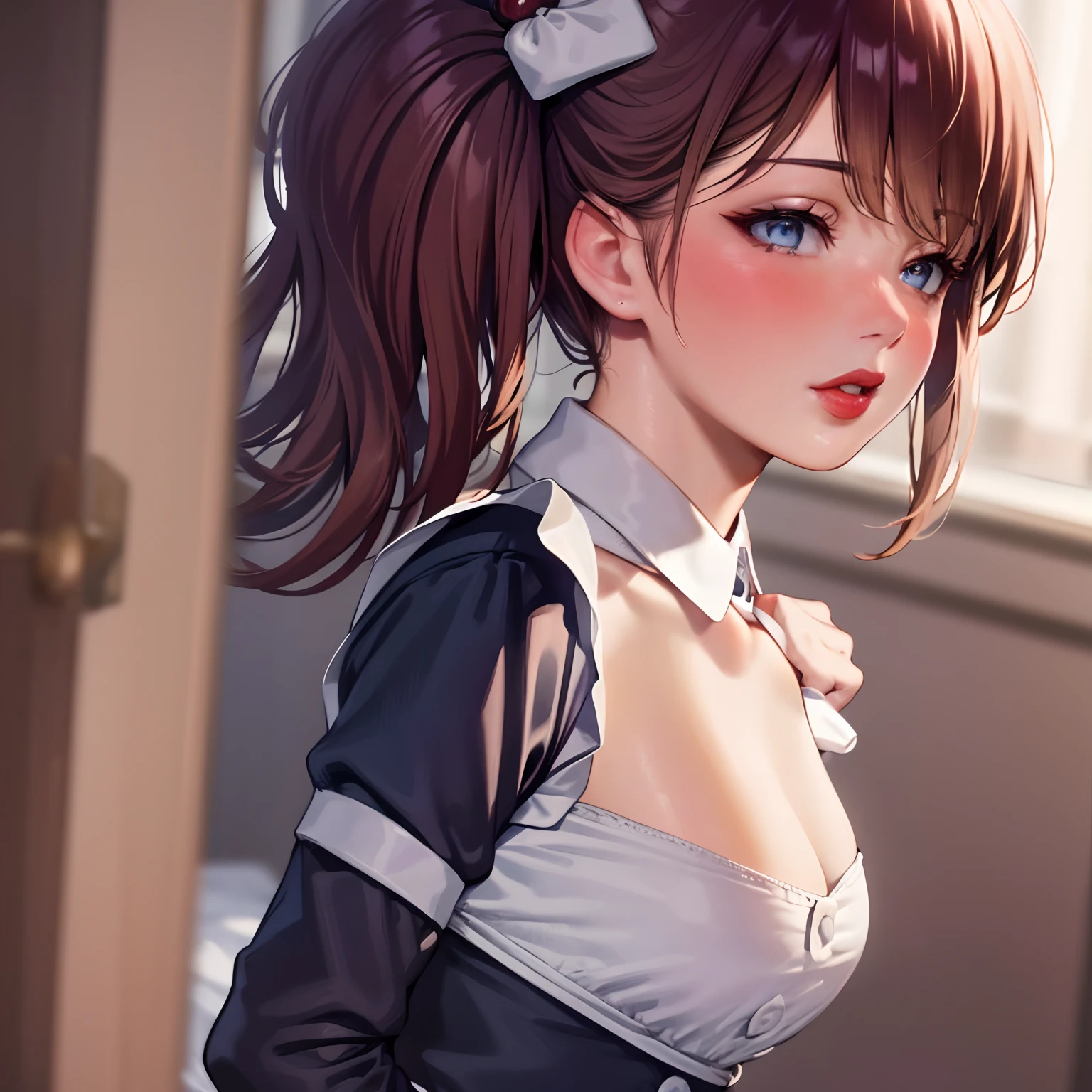 realistic, masterpice,maid, red lips, blush, big lips, big penis, facial, cum, from side,