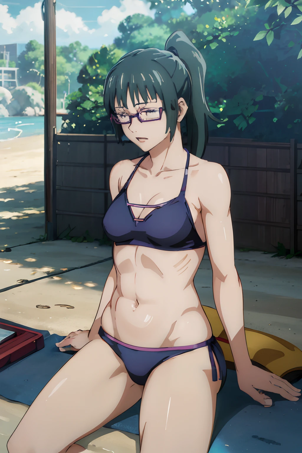 Girl in bikini on the beach, Enchanting anime girl, realistic bikini, Best Anime 4k Konachan Wallpapers, Smooth Anime CG Art, Zhenyuan Maki. (Best Quality, 4K, Ultra-detailed, Realistic:1.2), Vibrant colors, Soft lighting, Beach-like atmosphere, Crystal clear water,Long ponytail,Girl Wearing Glasses, thick thighs