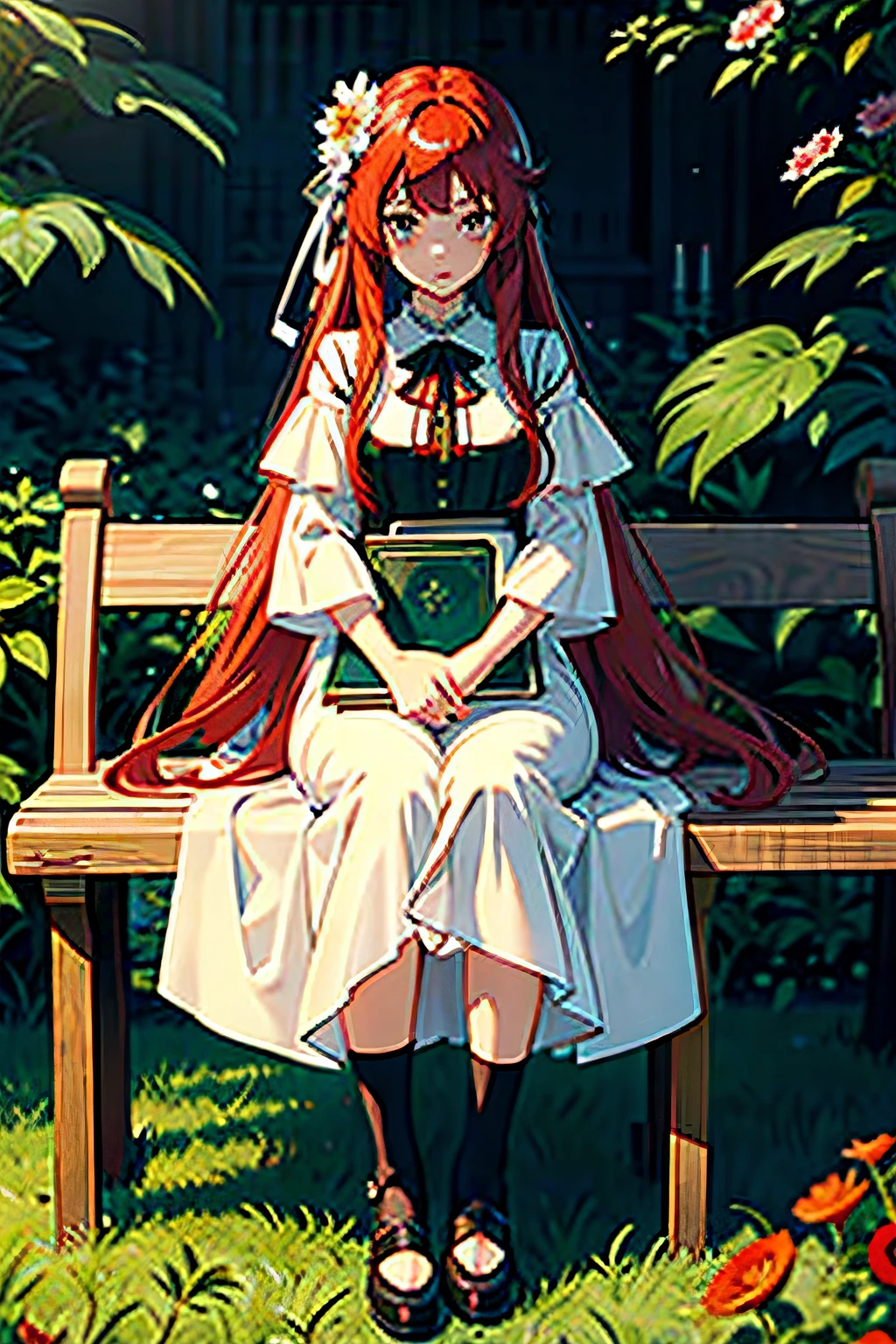 anime girl with long red hair and one singe white flower on the right of her hair, detailed portrait of anime girl, full body, leg to hair, mediaval, noble dress, royal dress, cream dress with black embriodery, gothic cream dresses, long dress, bench, reading book, on the garden, greenery