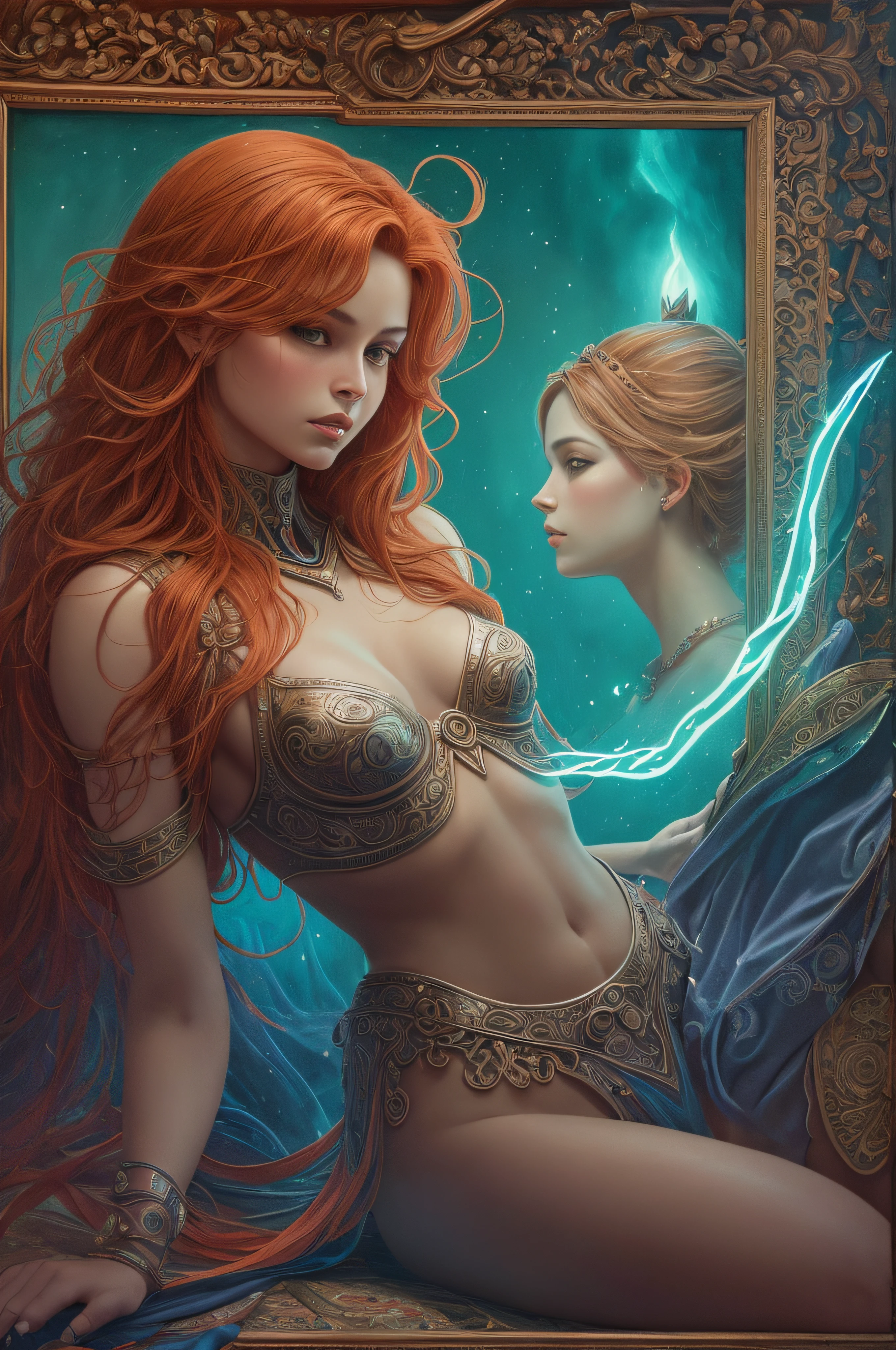 A torso portrait of the exalted, red-haired goddess of the Amazons, in the radiant divine transparent-red-adorned ice-blue deep-cut open jumpsuit. She has a lightsabre, with a bright ice-blue glowing blade in her right hand and she is surrounded by a light green glow, illuminated by the sun, in an open temple with a circle in the center with eleven silver swords sticking upright on the floor. realistic, stunning realistic photograph, 3d render, octane render, intricately detailed, cinematic, trending on artstation, Isometric, Centered hipereallistic cover photo, awesome full color, hand drawn, dark, gritty, mucha, klimt, erte 12k, high definition, cinematic, neoprene, behance contest winner, portrait featured on unsplash, stylized digital art, smooth, ultra high definition, 8k, unreal engine 5, ultra sharp focus, intricate artwork masterpiece, ominous, epic, TanvirTamim, trending on artstation, by artgerm, h. r. giger and beksinski, highly detailed, vibrant