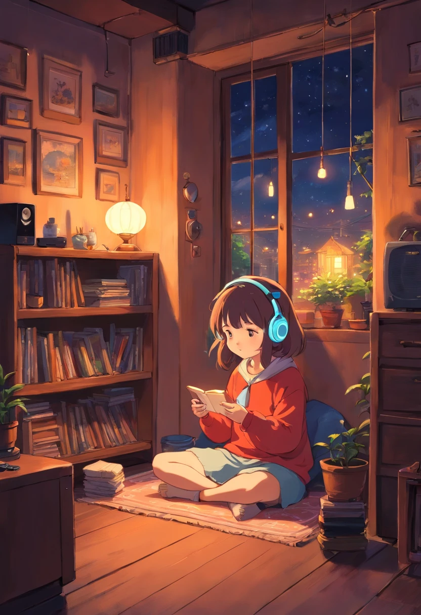 Girl listening to music in a cozy room at night, Usando fones de ouvido, Anime estilo 2D, Lo-fi, hd, Ambiente escuro