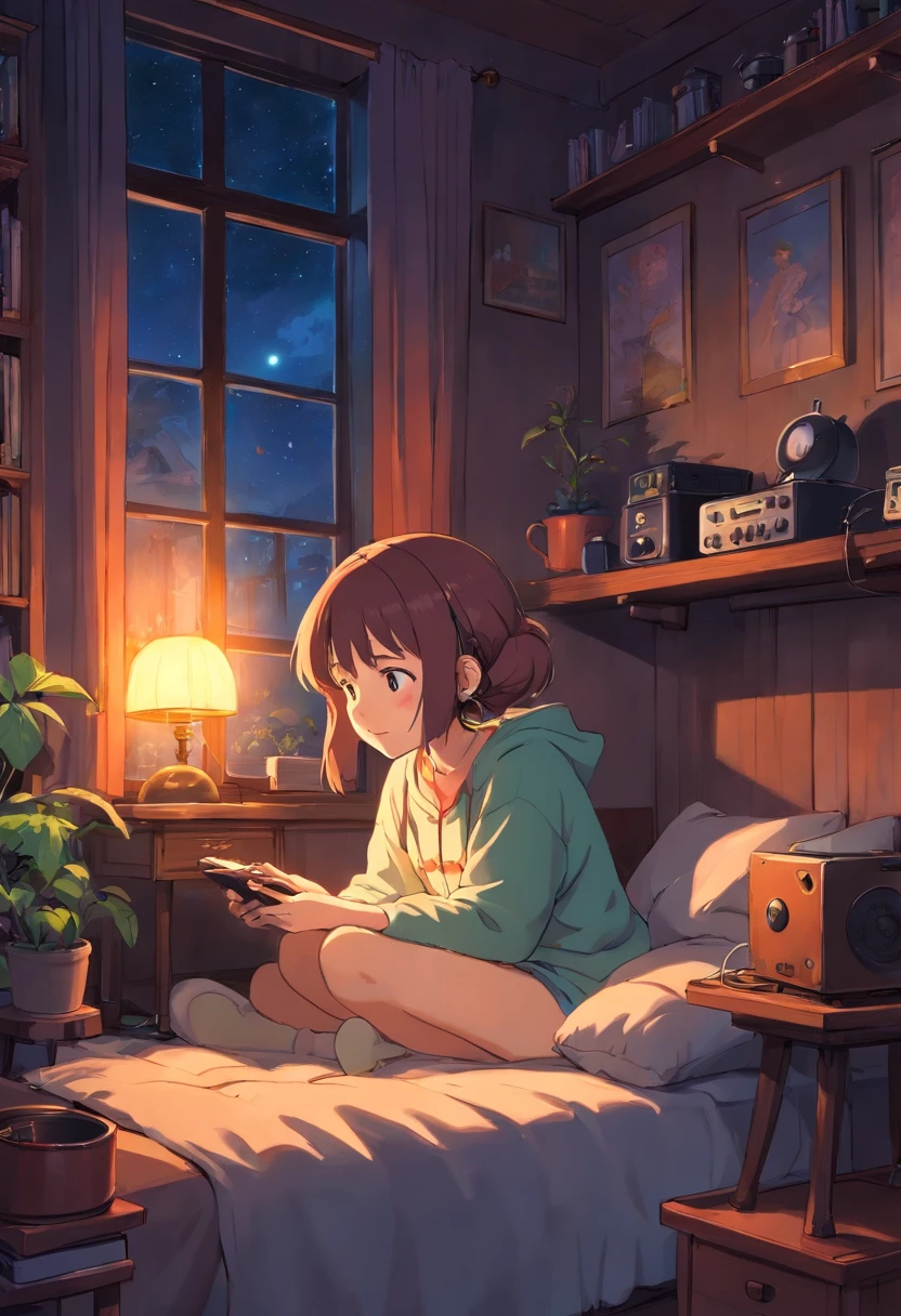 Girl listening to music in a cozy room at night, Usando fones de ouvido, Anime estilo 2D, Lo-fi, hd, Ambiente escuro