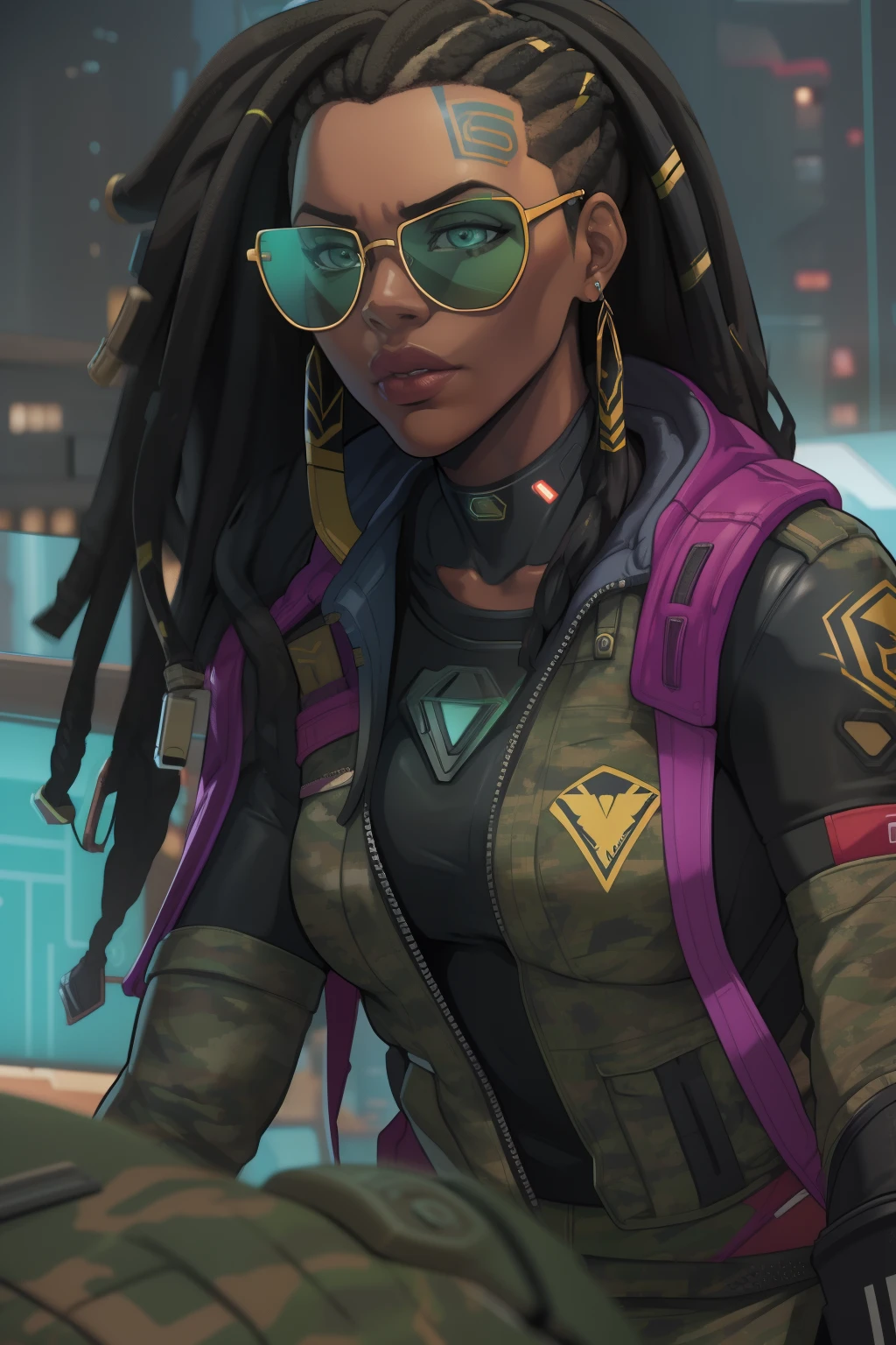 super high res, best quality, (illustration: 1.2), cinematic lighting, 23 year old very tall African American female who wears army camouflage clothing and is part of a team called the Crows, In addition she wears mirrored sunglasses and also has dreads in her hair (Cyberpunk 2020)