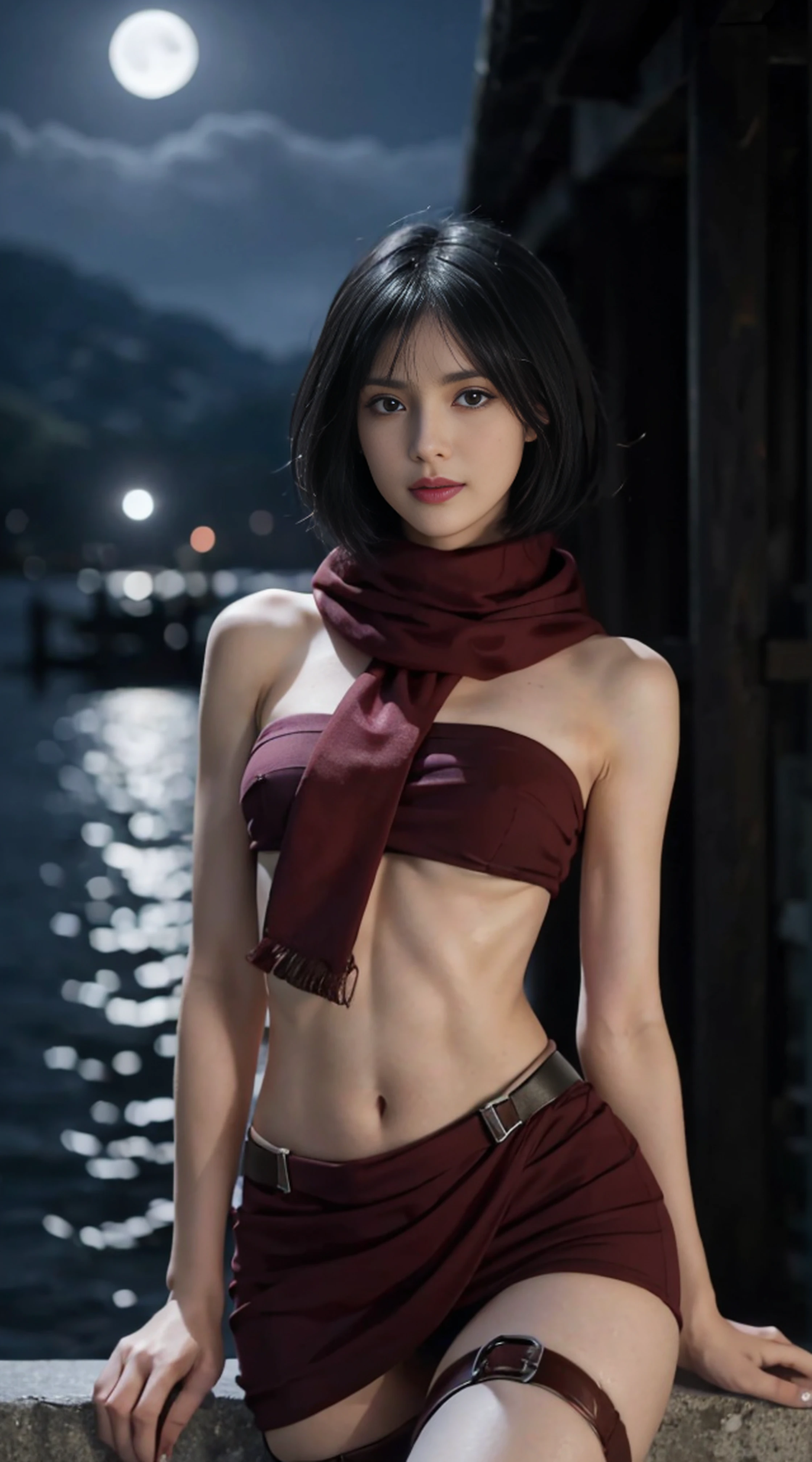 8K, Top Quality, Intricate Details, Ultra Detail, Ultra High Resolution, Masterpiece, random angle, mikasa ackerman, Slender, Smile, (Makeup: 0.4), (Fluffy Blue Eyes: 1.21), blue Eyes,, ((full body)), 1girl, solo, 1 girl, (( full body)), close-up shot, , , ((tall)), (((fit body))), (((slim face))), sharp face, sharp eyes, (((black hair, short hair, bangs )) ,(detailed face), sharp face, small lips, thin lips,
((red scarf, thigh strap, mini skirt)), detailed face, detailed breast, , large breast, detail, , Beautiful girl with accentuated slender abs: 1.4, Six Pack Abs: 1.4, Bust Botox, Big, Perfect Body, detail leg, (( moonlight)), ocean