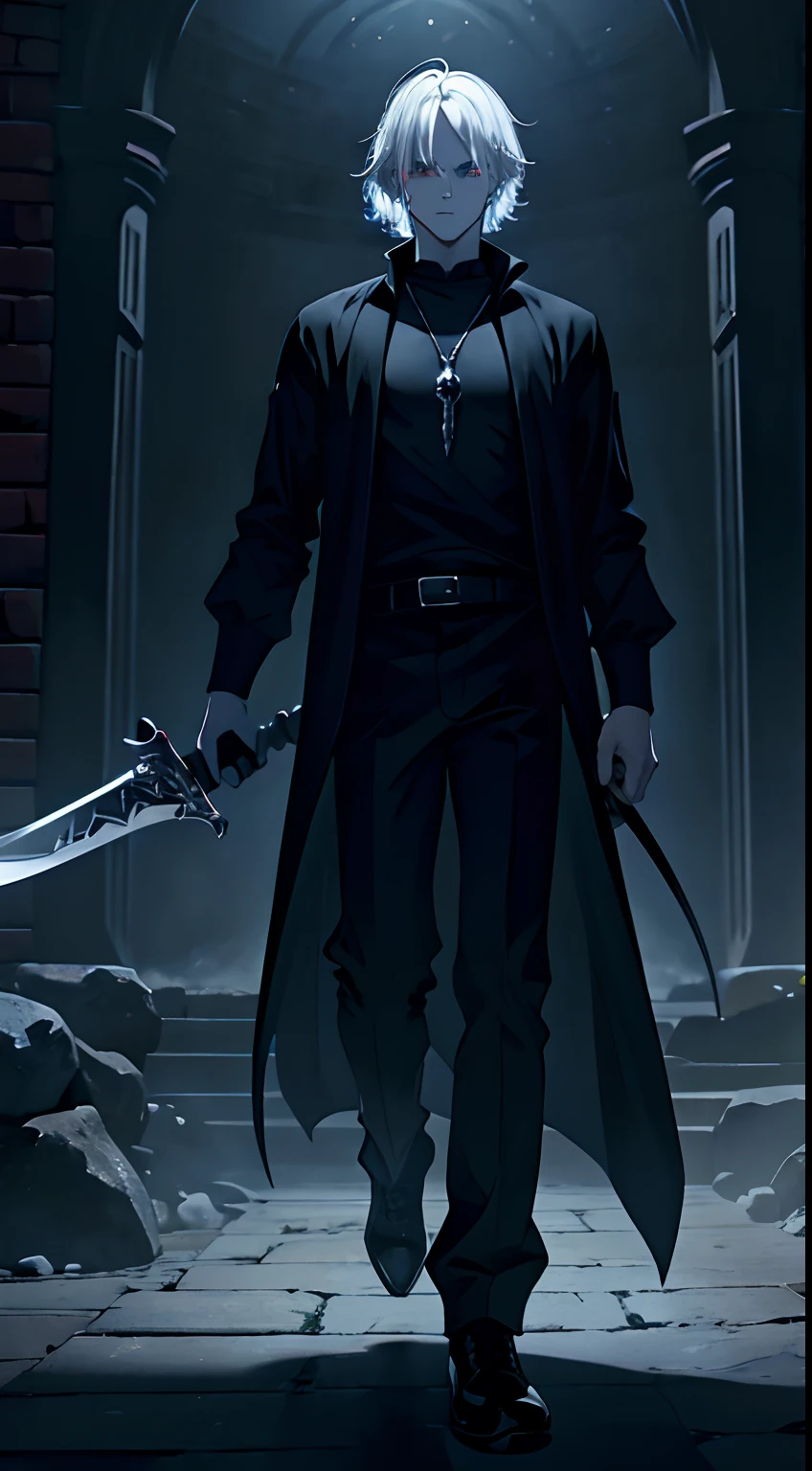 boy, white hair, demonic, black shirt, whit pants, sword, dark power, stylish, dark aura, dark power, 8k resolution, UHD, high res, masterpiece