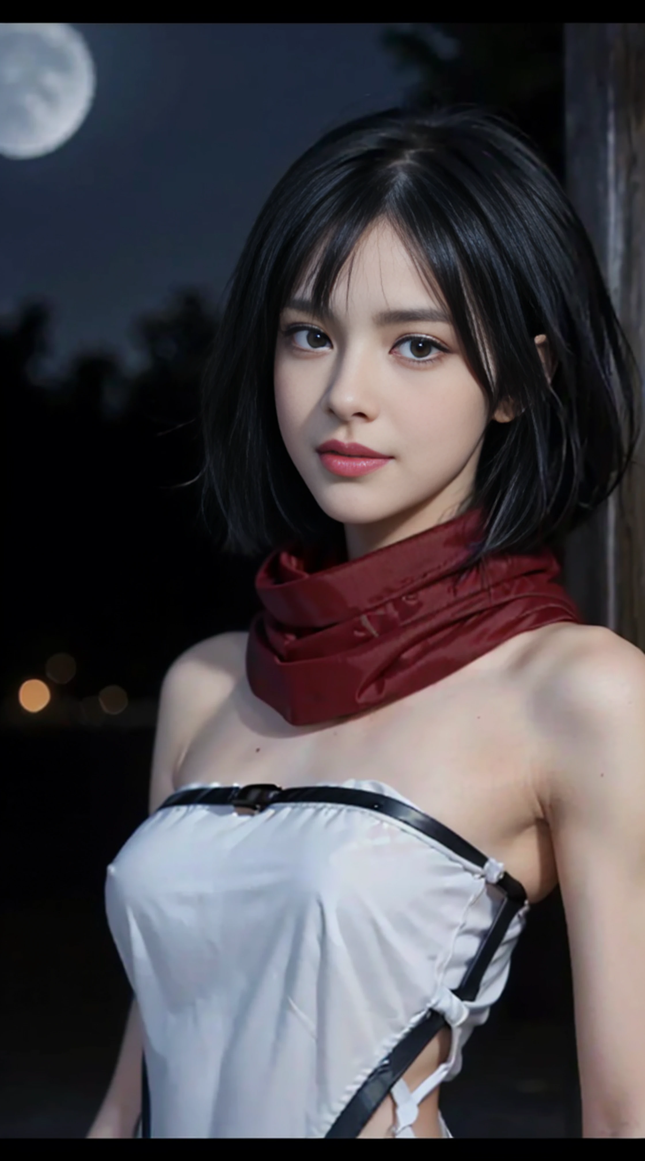 8K, Top Quality, Intricate Details, Ultra Detail, Ultra High Resolution, Masterpiece, random angle, mikasa ackerman,   Slender, Smile, (Makeup: 0.4), (Fluffy Blue Eyes: 1.21), blue Eyes,, ((full body)), 1girl, solo, 1 girl, (( full body)),  close-up shot,  , , ((tall)), (((fit body))), (((slim face))), sharp face, sharp eyes, (((black hair,  short hair, bangs ))  ,(detailed face), sharp face, small lips, thin lips, 
 ((red scarf, thigh strap,  mini skirt)),  detailed face, detailed breast, , large breast, detail, , Beautiful girl with accentuated slender abs: 1.4, Six Pack Abs: 1.4, Bust Botox, Big, Perfect Body, detail leg, (( moonlight)), ocean