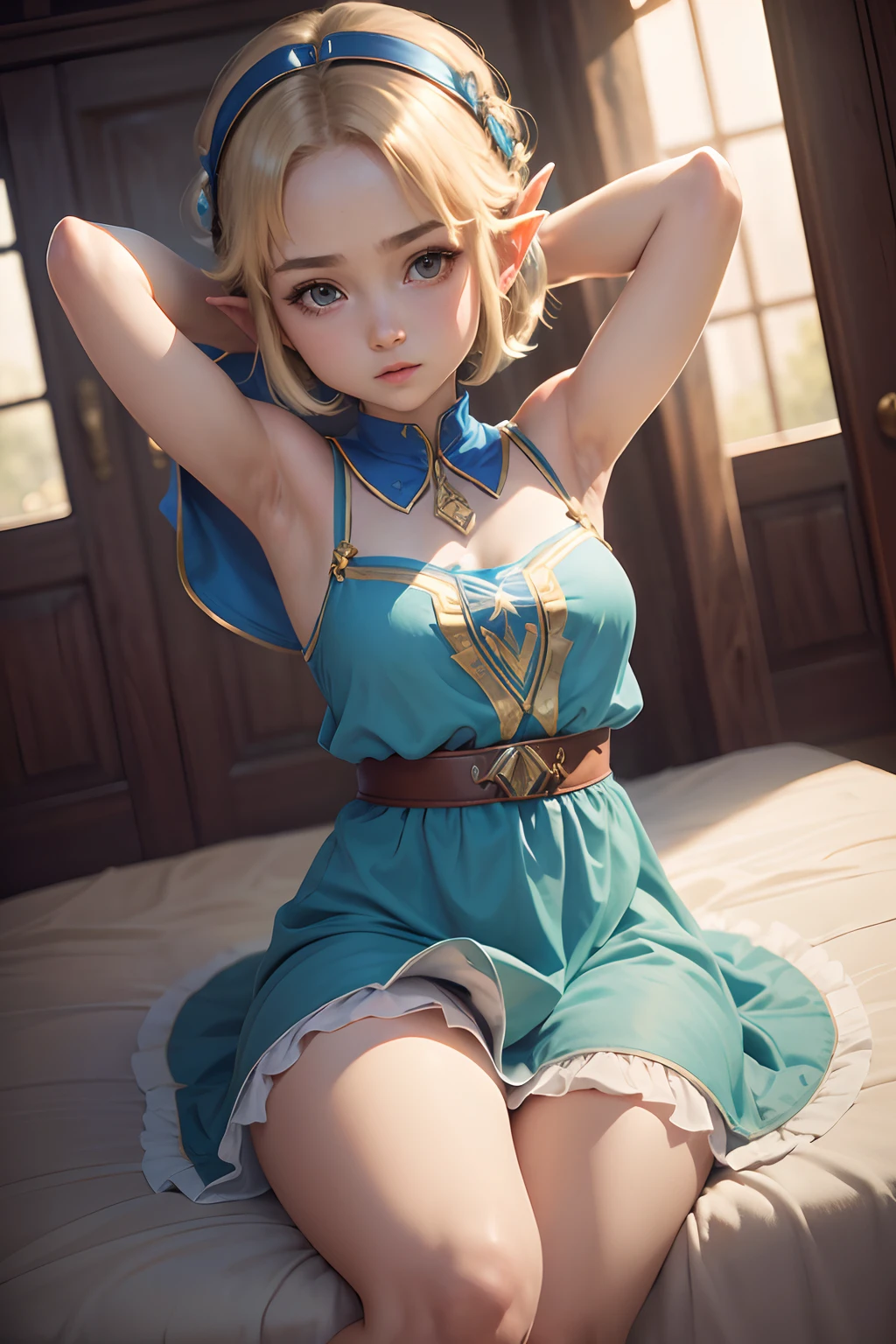 1 girl, Princess Zelda, blonde hair, short hair, blue eyes, soft, soft light, delicate, frills, small breasts, nipples, frilly, happy, choker with a bow, ruffles, blue and white garters, teasing, vagina, no panties, spread legs, thighhighs, feet, cum