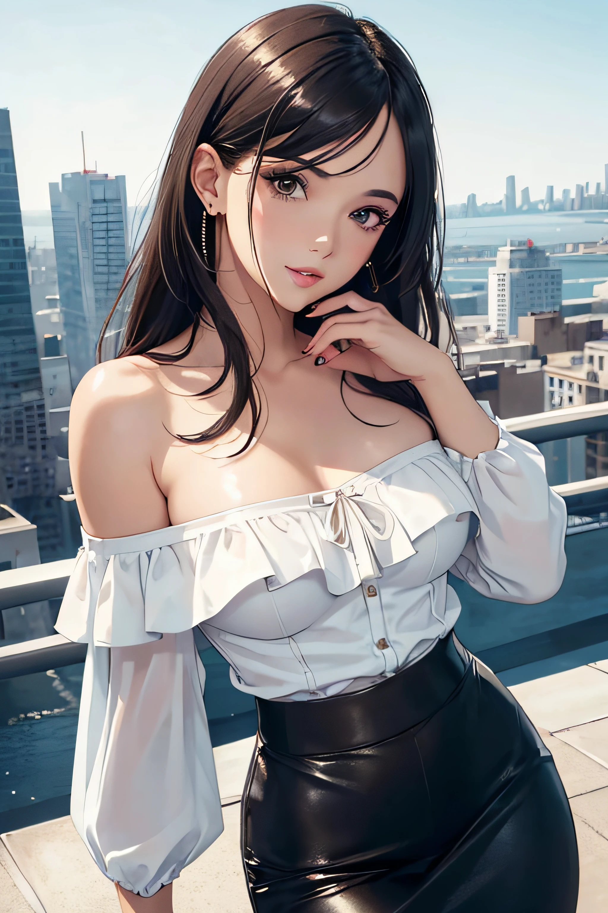 girl with (white off-shoulder blouse), (leather skirt), medium breasts, cityscape, flirtatious look, ((very detailed)), (perfectly detailed face), (well detailed hand) photorealistic image.