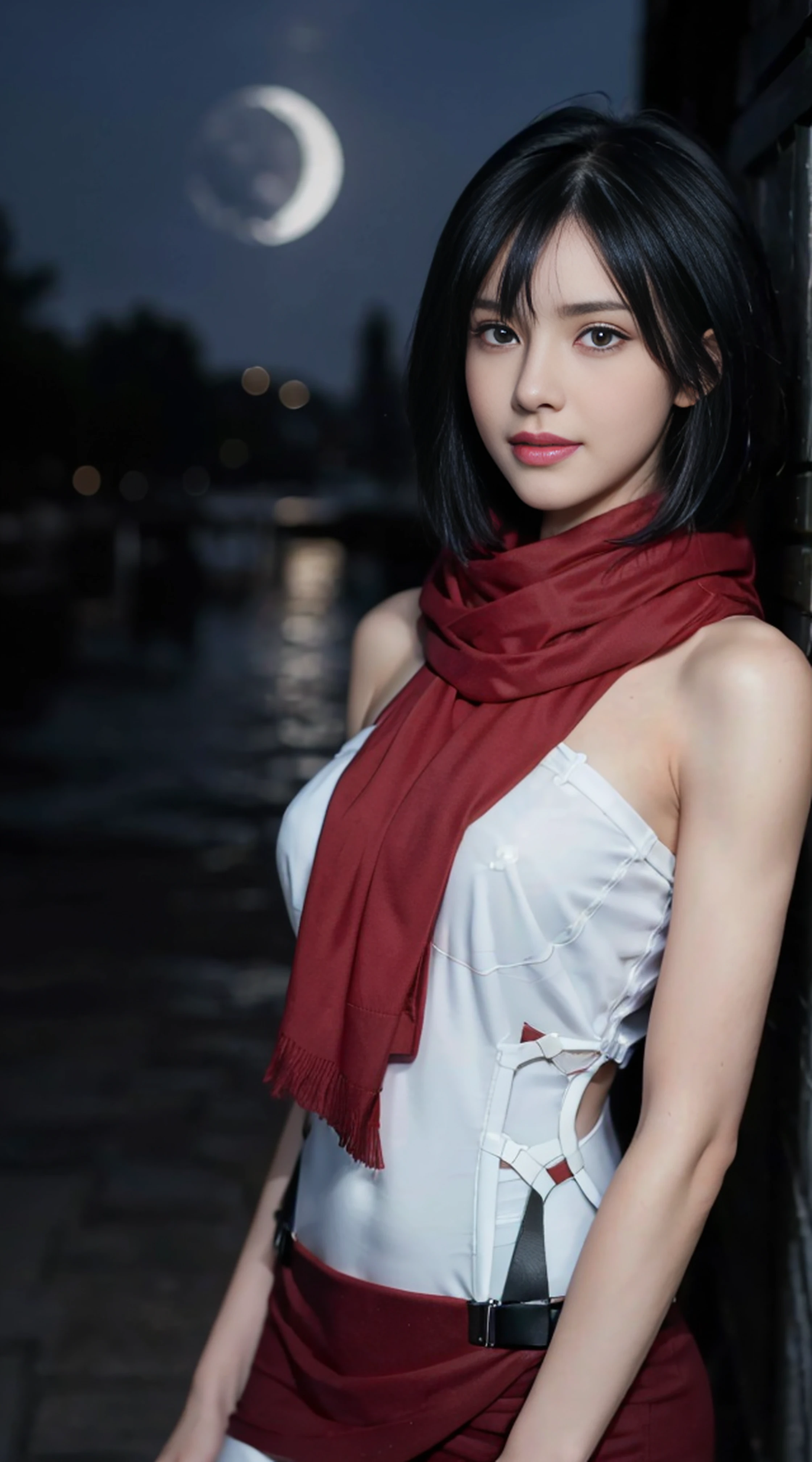 8K, Top Quality, Intricate Details, Ultra Detail, Ultra High Resolution, Masterpiece, random angle, mikasa ackerman, Slender, Smile, (Makeup: 0.4), (Fluffy Blue Eyes: 1.21), blue Eyes,, ((full body)), 1girl, solo, 1 girl, (( full body)), close-up shot, , , ((tall)), (((fit body))), (((slim face))), sharp face, sharp eyes, (((black hair, short hair, bangs )) ,(detailed face), sharp face, small lips, thin lips,
((red scarf, thigh strap, mini skirt)), detailed face, detailed breast, , large breast, detail, , Beautiful girl with accentuated slender abs: 1.4, Six Pack Abs: 1.4, Bust Botox, Big, Perfect Body, detail leg, (( moonlight)), ocean