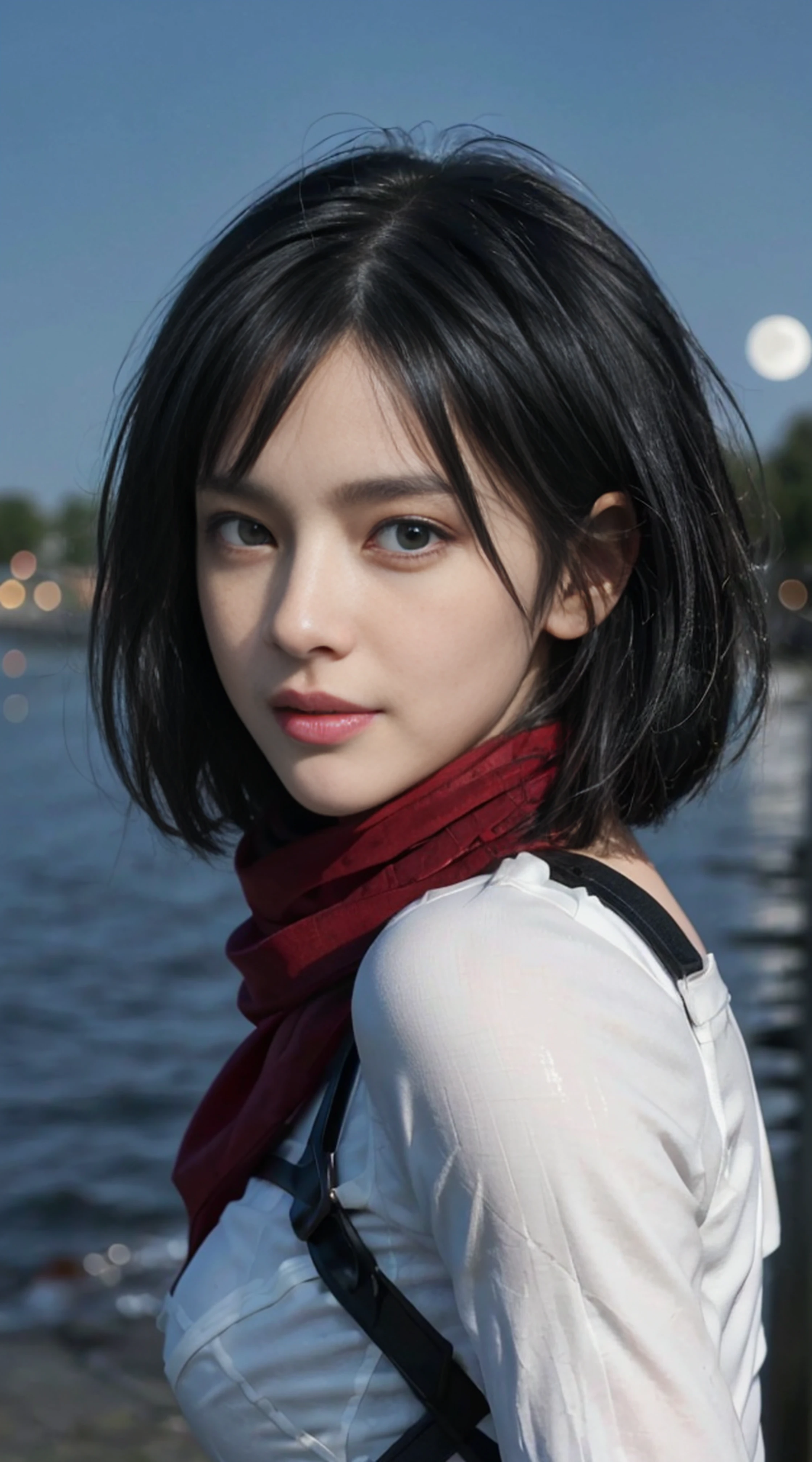 8K, Top Quality, Intricate Details, Ultra Detail, Ultra High Resolution, Masterpiece, random angle, mikasa ackerman, Slender, Smile, (Makeup: 0.4), (Fluffy Blue Eyes: 1.21), blue Eyes,, ((full body)), 1girl, solo, 1 girl, (( full body)), close-up shot, , , ((tall)), (((fit body))), (((slim face))), sharp face, sharp eyes, (((black hair, short hair, bangs )) ,(detailed face), sharp face, small lips, thin lips,
((red scarf, thigh strap, mini skirt)), detailed face, detailed breast, , large breast, detail, , Beautiful girl with accentuated slender abs: 1.4, Six Pack Abs: 1.4, Bust Botox, Big, Perfect Body, detail leg, (( moonlight)), ocean