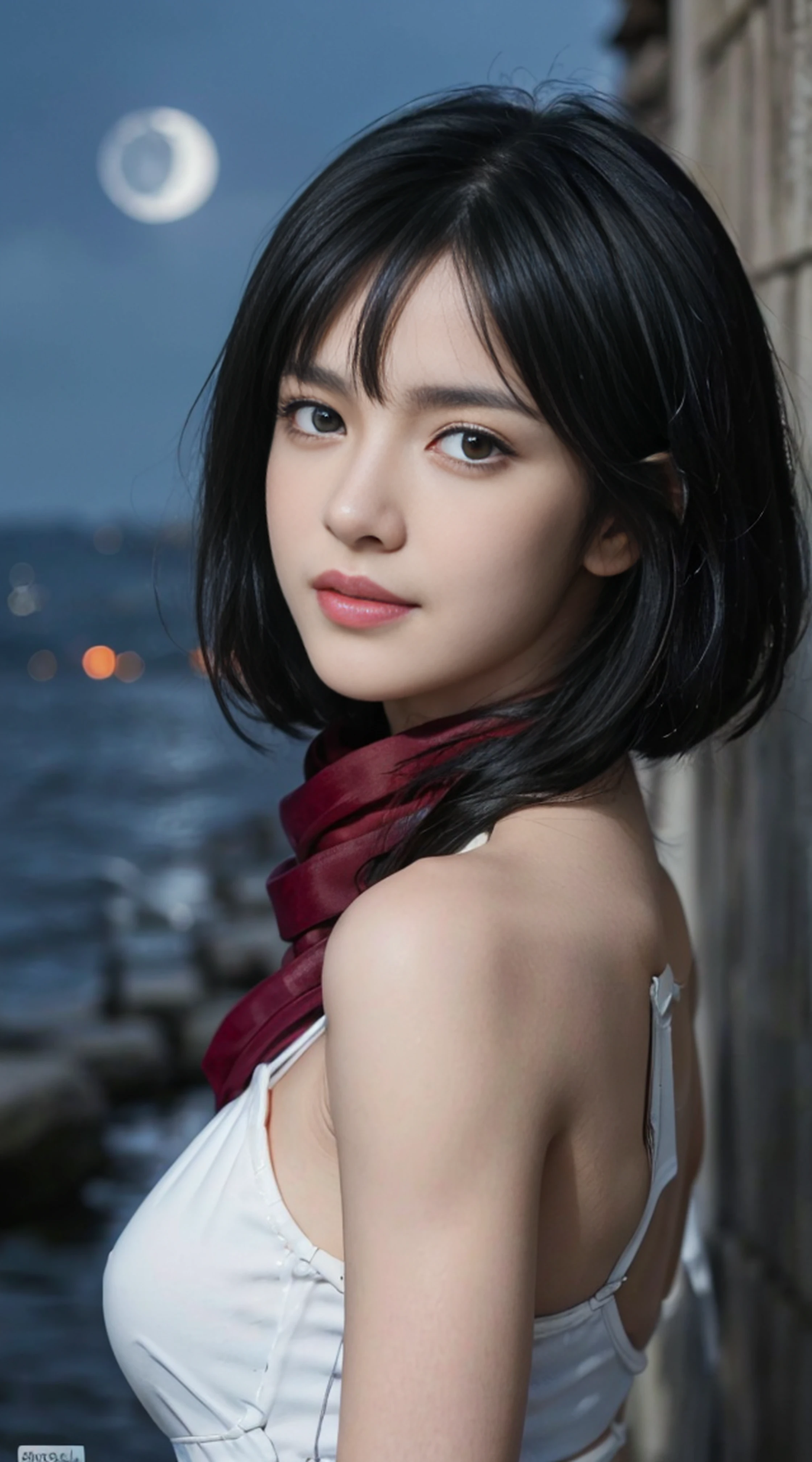 8K, Top Quality, Intricate Details, Ultra Detail, Ultra High Resolution, Masterpiece, random angle, mikasa ackerman, Slender, Smile, (Makeup: 0.4), (Fluffy Blue Eyes: 1.21), blue Eyes,, ((full body)), 1girl, solo, 1 girl, (( full body)), close-up shot, , , ((tall)), (((fit body))), (((slim face))), sharp face, sharp eyes, (((black hair, short hair, bangs )) ,(detailed face), sharp face, small lips, thin lips,
((red scarf, naked)), detailed face, detailed breast, , large breast, detail, , Beautiful girl with accentuated slender abs: 1.4, Six Pack Abs: 1.4, Bust Botox, Big, Perfect Body, detail leg, (( moonlight)), ocean