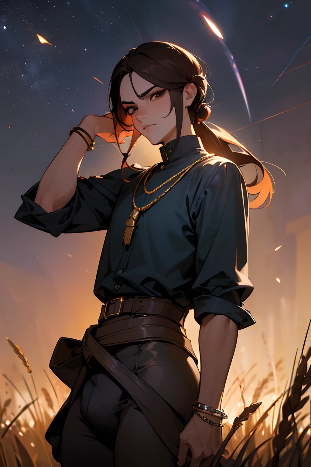 Masterpiece, ultra-high quality, very detailed, trending on ArtStation, 1man, (effeminate), long hair, (brown hair), ((chignon haircut)), extremely detailed eyes, (brown eyes), ((white sclera)), extremely detailed nose, extremely detailed ear, extremely detailed jawline, extremely detailed cheekbone, unconcerned look, wearing necklace, wearing bracelets, wearing elegant dark blue medieval shirt, belt and buckles around waist, wearing black twill pants, (big butt), ((thick thighs)), (((groin bulge))), sideways to viewer, fireflies around actor, wheat field background, sunset, night sky, (Milky Way arm on the sky), ambiance light
