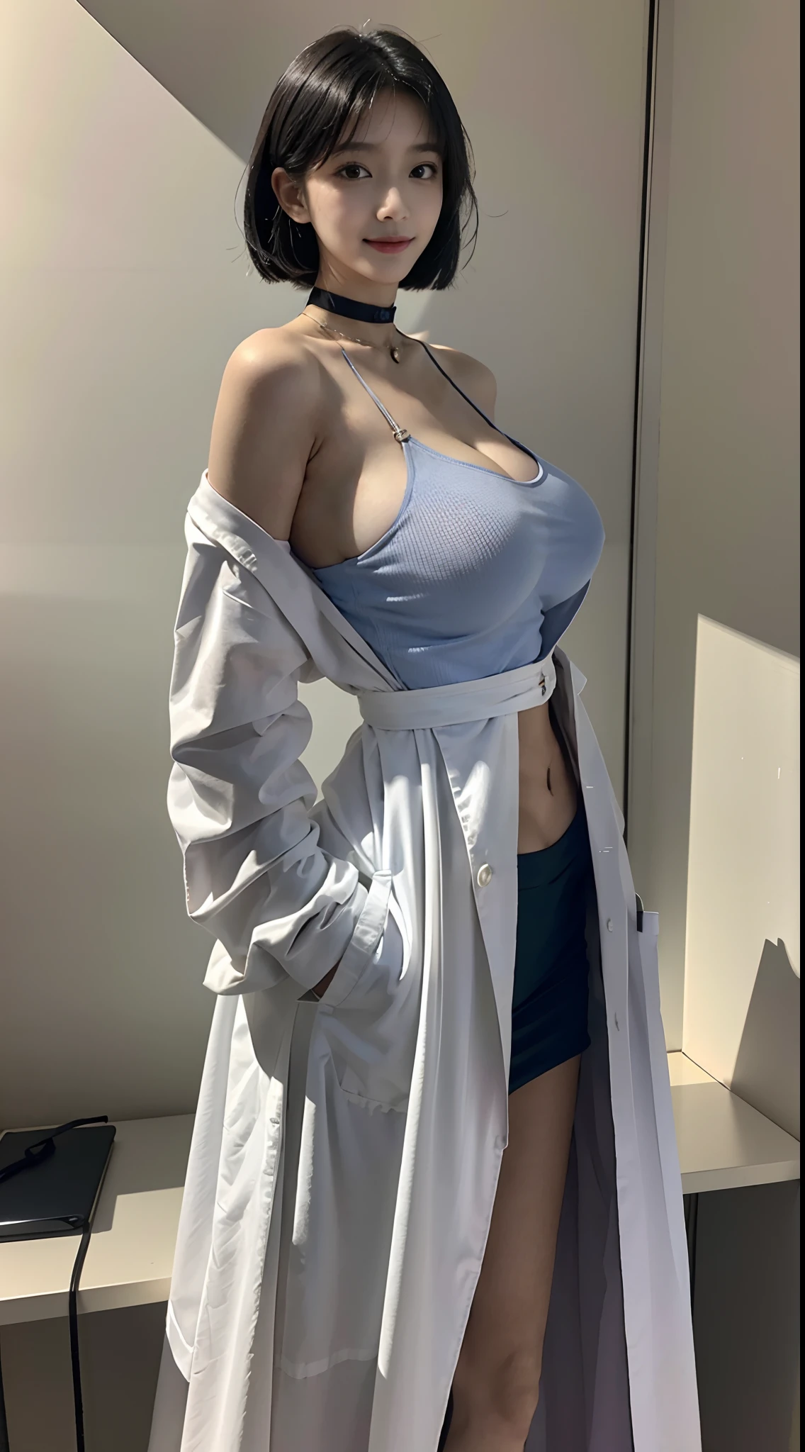 masterpiece, hot shot, ((best quality)), absurdres, perfect antomy, Tae Takemi, (Small smile), necklace, choker, dress, (Big breasts:1.3), braless, defined abdomen, labcoat, standing, doctor office background, sexy pose