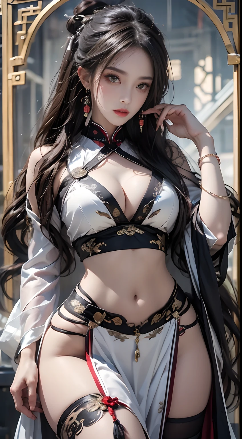 Photorealistic, high resolution, 1 woman, Hips up, Beautiful eyes, Long hair, ringed eyes, jewelry, tattoo, Hanfu, Chinese fairy, Taoist uniform