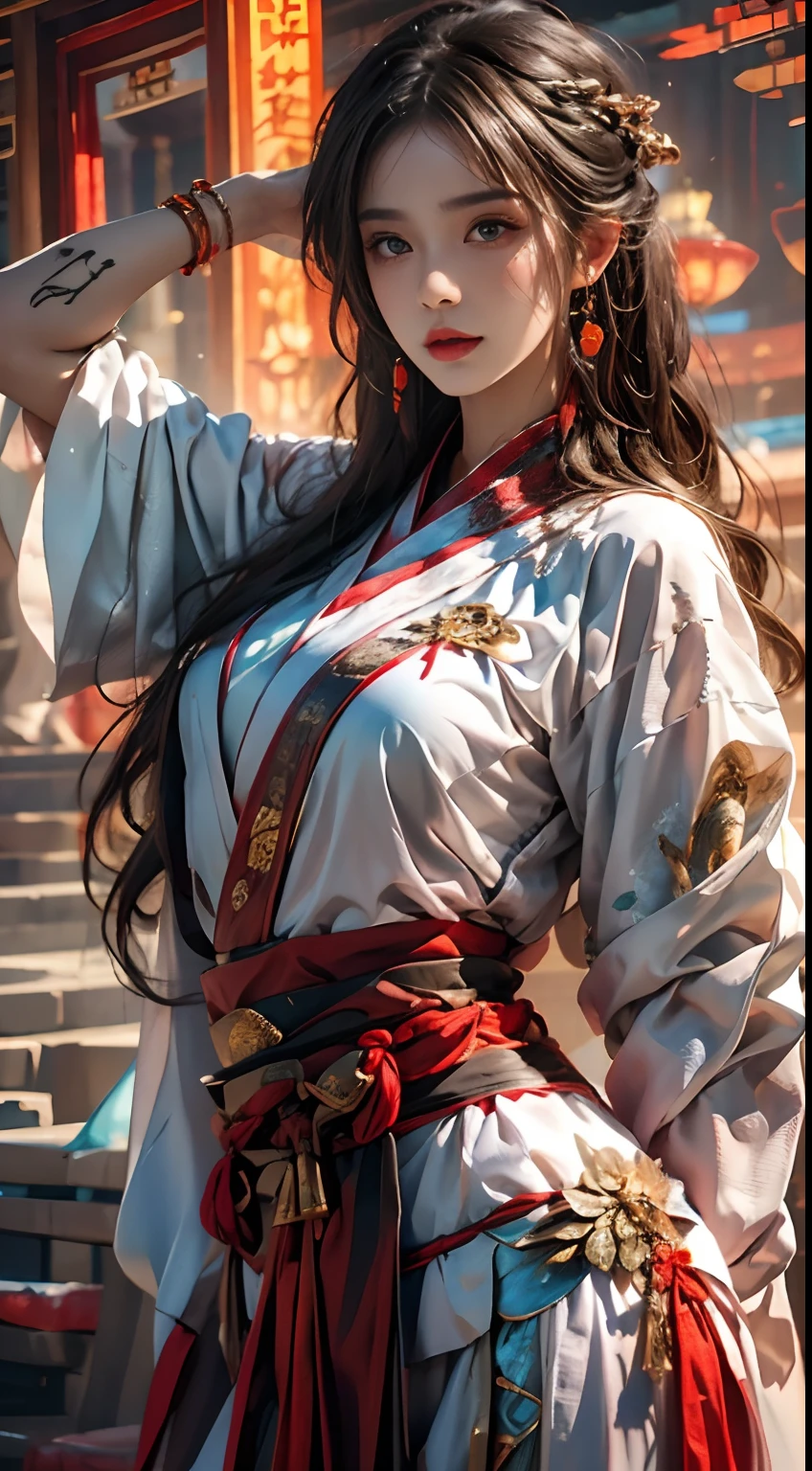 Photorealistic, high resolution, 1 woman, Hips up, Beautiful eyes, Long hair, ringed eyes, jewelry, tattoo, Hanfu, Chinese fairy, Taoist uniform