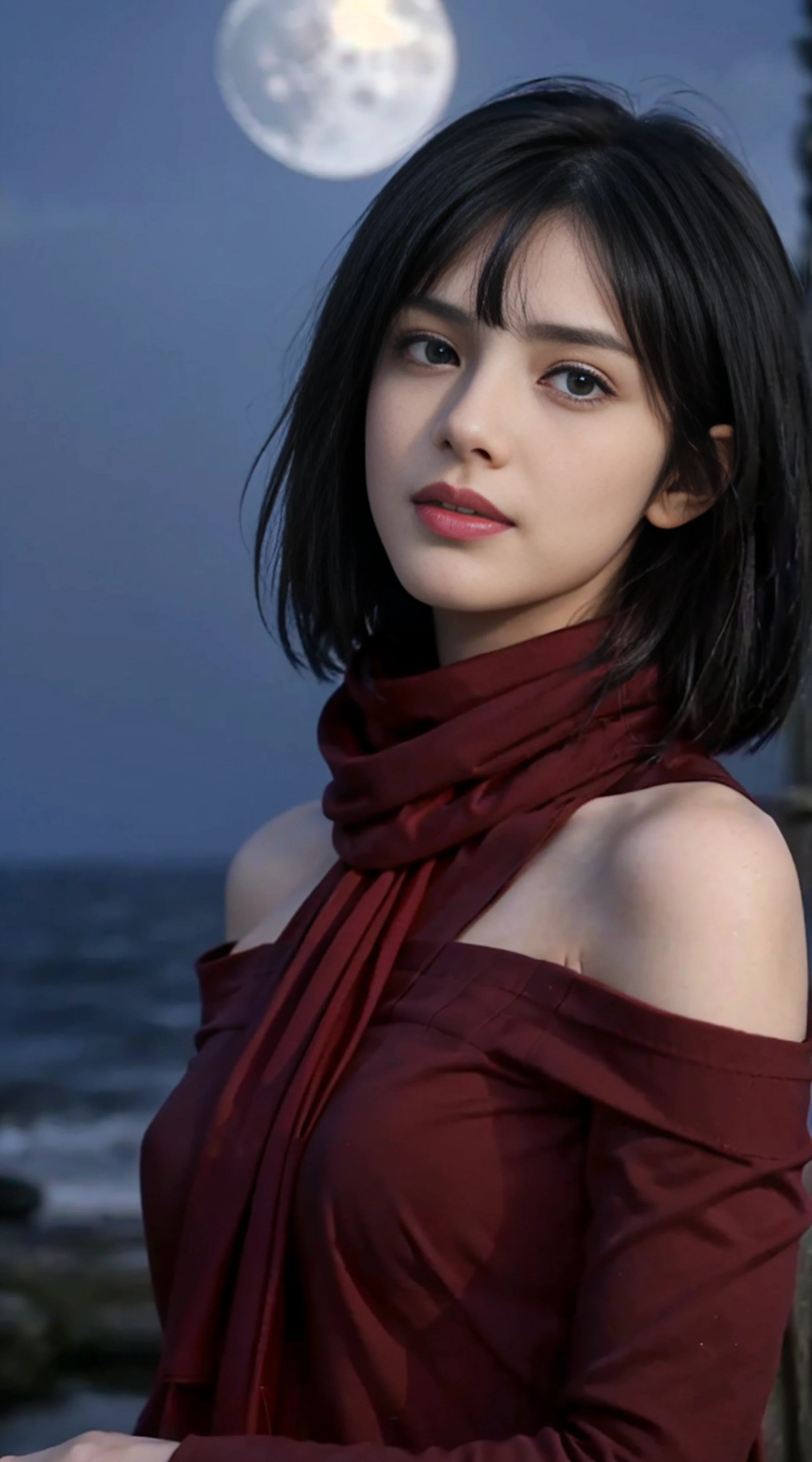 8K, Top Quality, Intricate Details, Ultra Detail, Ultra High Resolution, Masterpiece, random angle, mikasa ackerman, Slender, Smile, (Makeup: 0.4), (Fluffy Blue Eyes: 1.21), blue Eyes,, ((full body)), 1girl, solo, 1 girl, (( full body)), close-up shot, , , ((tall)), (((fit body))), (((slim face))), sharp face, sharp eyes, (((black hair, short hair, bangs )) ,(detailed face), sharp face, small lips, thin lips,
((red scarf, naked)), detailed face, detailed breast, , large breast, detail, , Beautiful girl with accentuated slender abs: 1.4, Six Pack Abs: 1.4, Bust Botox, Big, Perfect Body, detail leg, (( moonlight)), ocean