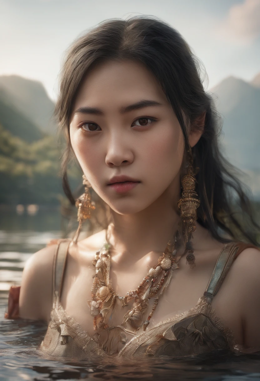 Touch a close-up of an Asian girl with a beautiful water spirit,Her dark eyes were full of wisdom and a hint of melancholy,Surrounded by the soft afterglow of the setting sun,4K,Shot with the Canon EOS R6,using a portrait lens,Shoot in warm primetime lights