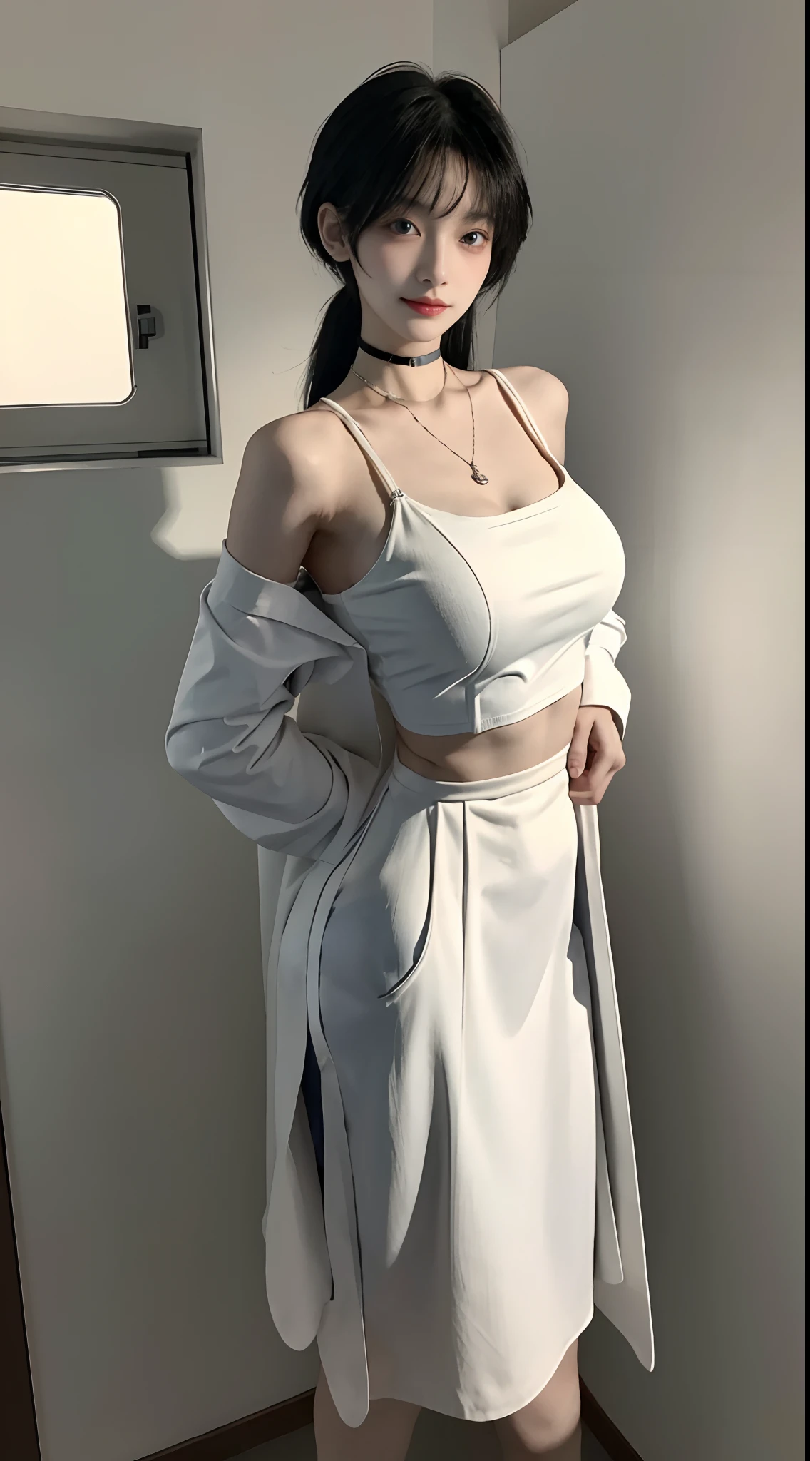 masterpiece, hot shot, ((best quality)), absurdres, perfect antomy, Tae Takemi, (Small smile), necklace, choker, dress, (Big breasts:1.3), braless, defined abdomen, labcoat, standing, doctor office background, sexy pose