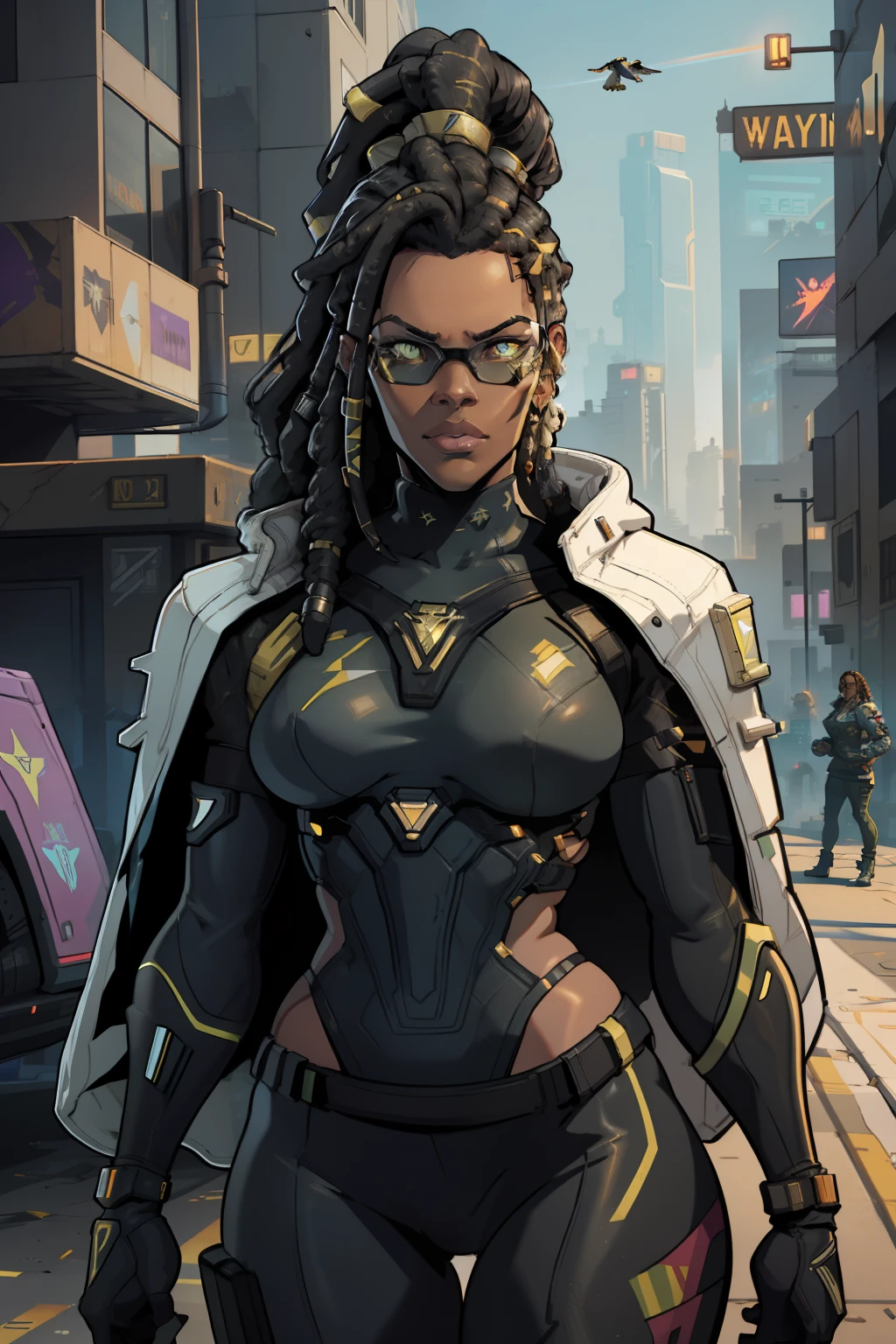 super high res, best quality, (illustration: 1.2), cinematic lighting, 23 year old very tall African American female who wears army camouflage clothing and is part of a team called the Crows, In addition she wears mirrored sunglasses and also has dreads in her hair (Cyberpunk 2020)